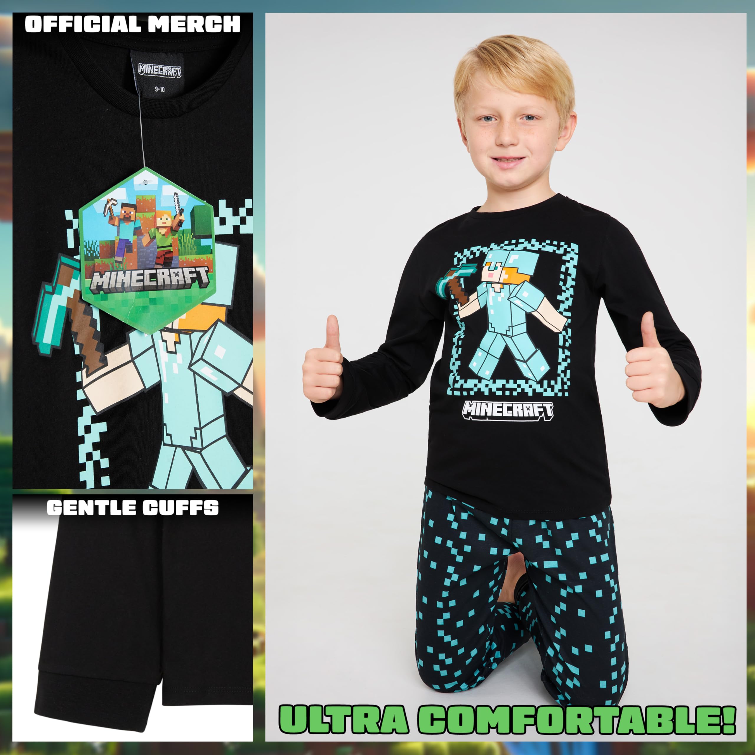 Minecraft Pyjama Garcon, Ensemble Enfant avec Chaud T-Shirt et Pantalon, Vêtement de Nuit, Gaming Merchandise, Idee Cadeau