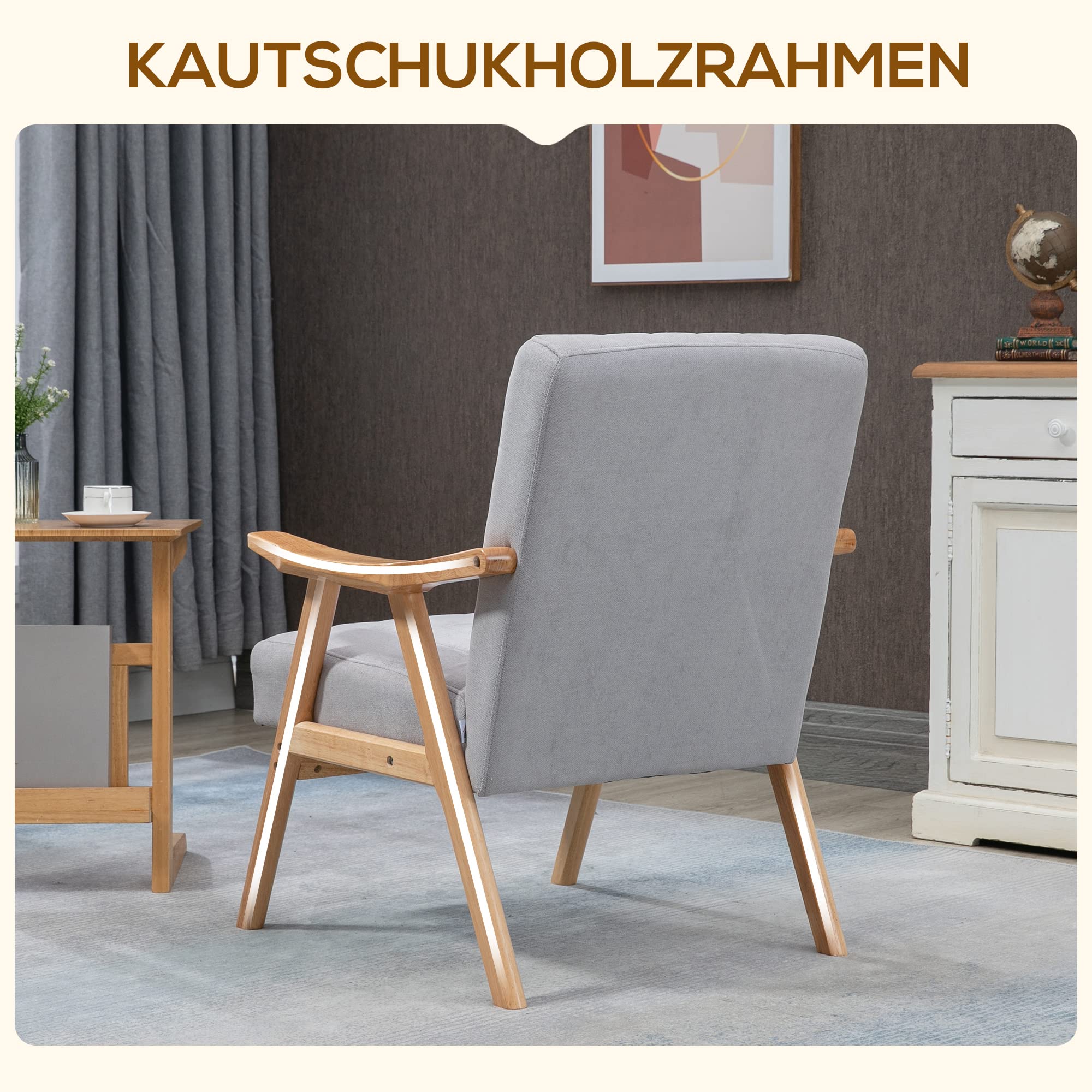 HOMCOM Fotel z uszami, tapicerowane krzesło z podłokietnikami, fotel wypoczynkowy o aksamitnym wyglądzie, skandynawski design, krzesło z podłokietnikami do salonu, sypialni, gumowe nogi z drewna, jasnoszary, 68 x 74 x 82 cm