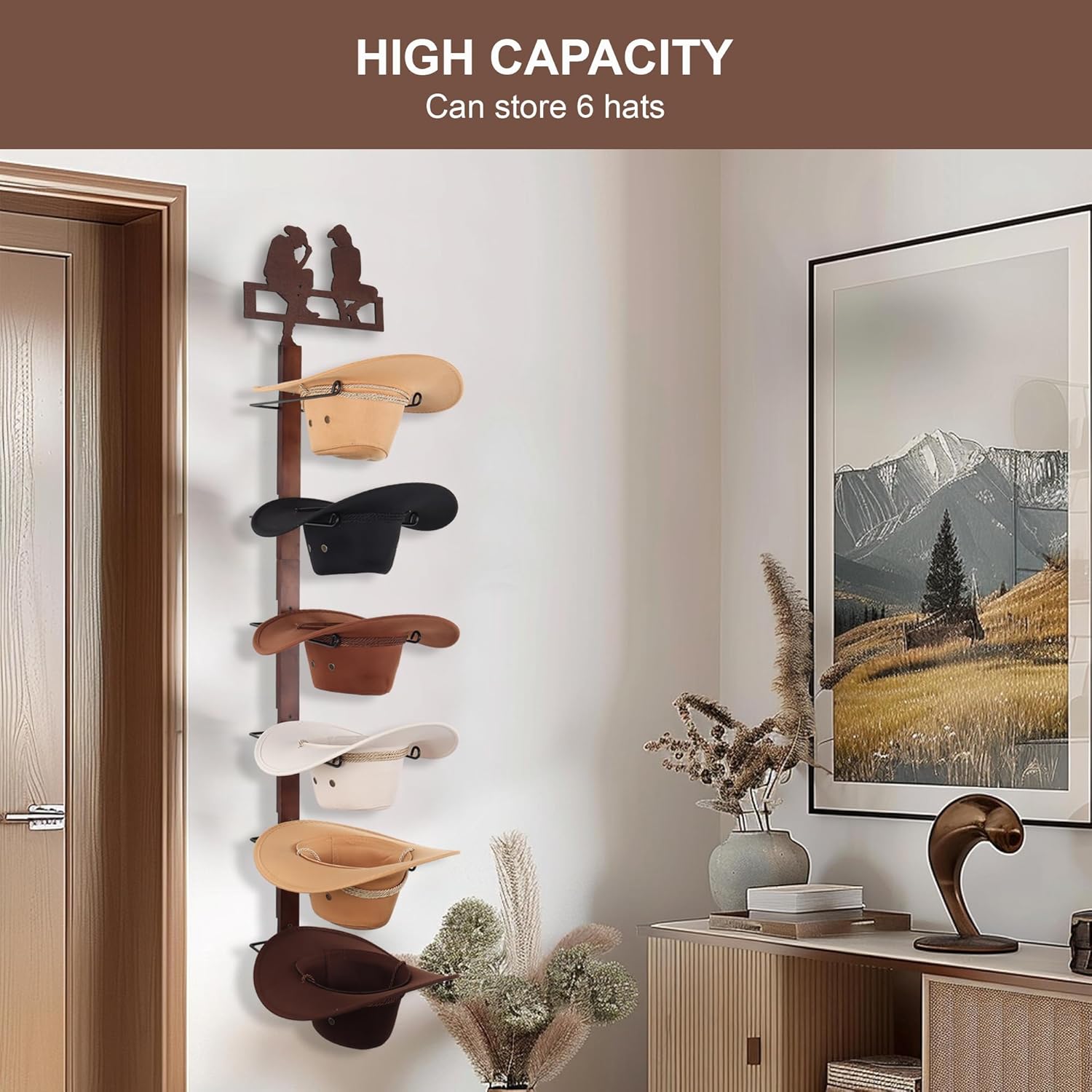 Cowboy Hat Rack Holder for Wall - Wild Western Style Design Hat Organizer with 6 Hat Hooks for Wall Mount, Hat Stand and Hanger for Storage and Organization , Gifts for Men Dad Christmas(Cowboy Lover)