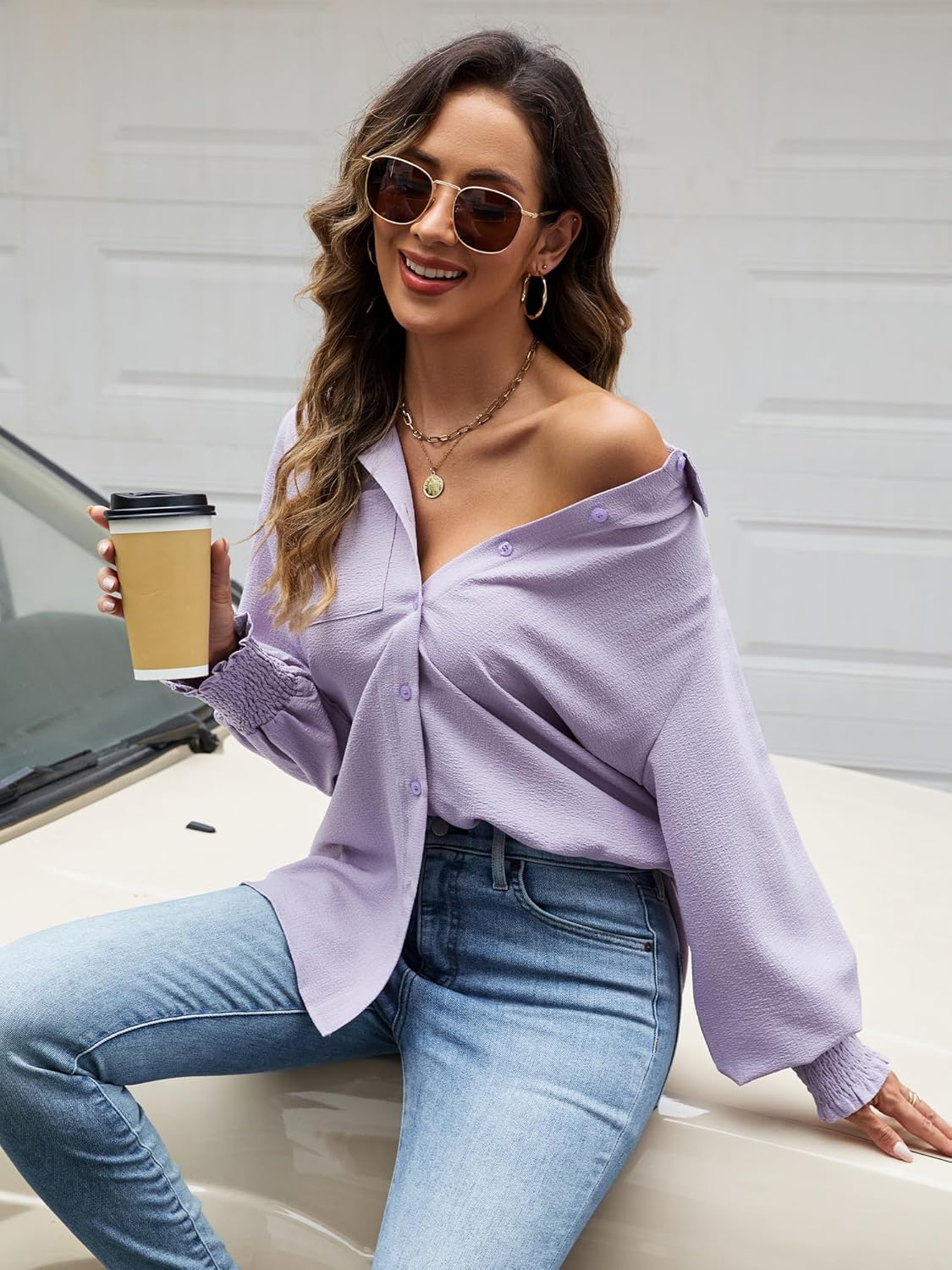 Women's Button Down Shirts Puff Sleeve Oversized Blouses Boyfriends Loose Tunics Casual Work Tops with Pocket(Grey Pink Shirt M - Image 6
