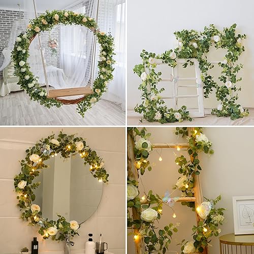 Miniatura 4 de Yastouay - Guirnalda de flores blancas de 2,01 metros con mariposas 3D, guirnalda artificial de eucalipto con flores y vides de rosas falsas para