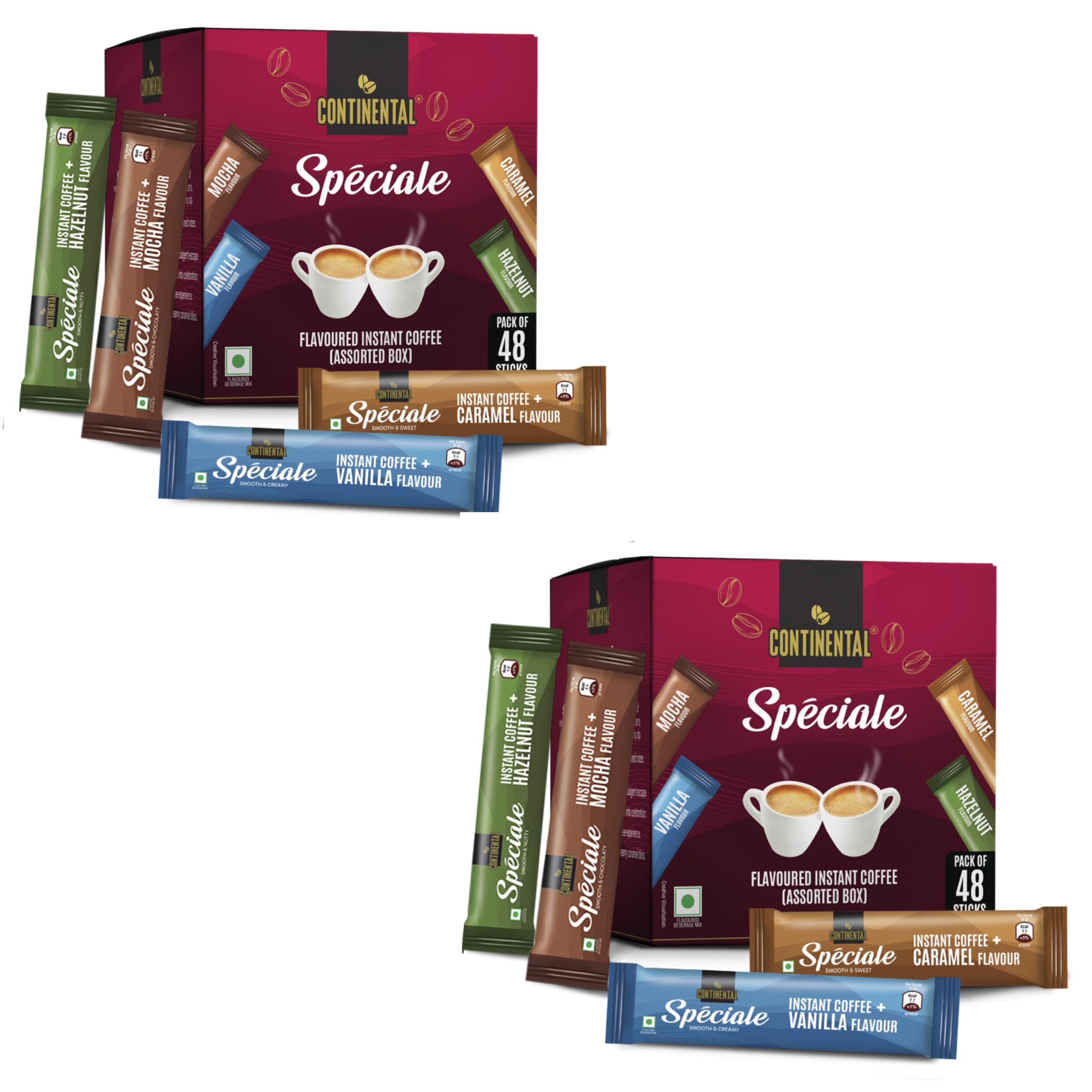 Continental Speciale Assorted Coffee Sachets - 192gm | Pack of 96 | Flavour Instant Coffee Powder | 2g Each - Hazelnut, Vanilla, Mocha, Caramel | Makes 96 Cups | Enjoy Hot or Cold