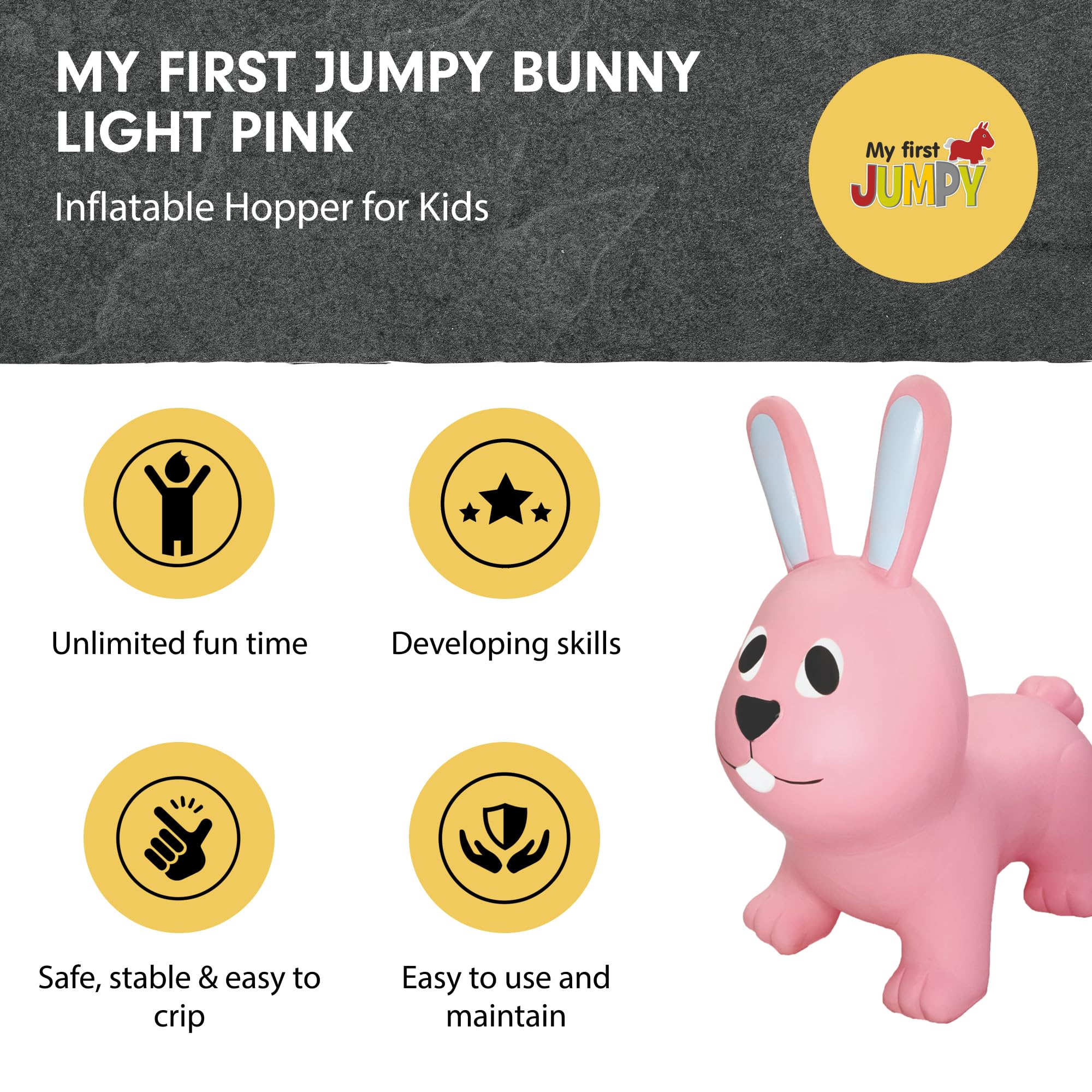 Gerardo's Toys Jumpy Zwierzęta do skakania zając jasnoróżowe ok. 58 cm – skaczące zwierzęta od 1 roku życia – nadmuchiwane zwierzęta do użytku wewnątrz i na zewnątrz – w zestawie pompka