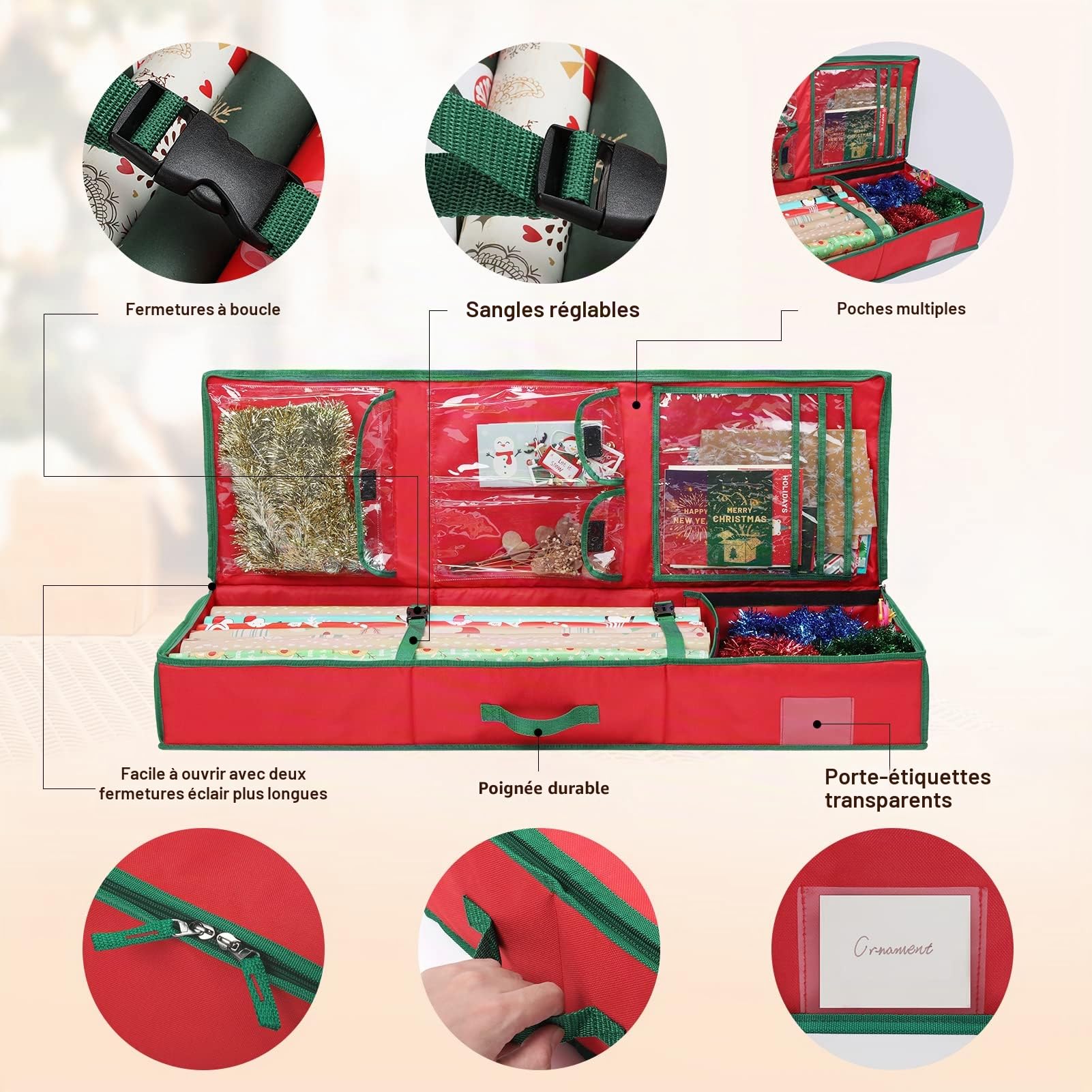 MaidMAX Sac de Rangement de Papier Cadeau de Noël pour 24 Rouleaux de Papier Cadeau de 106,7 cm avec Poches Intérieures, Support de Papier D'emballage pour Ranger Rouleaux, Rubans, 14 x 107 x 35.5 cm