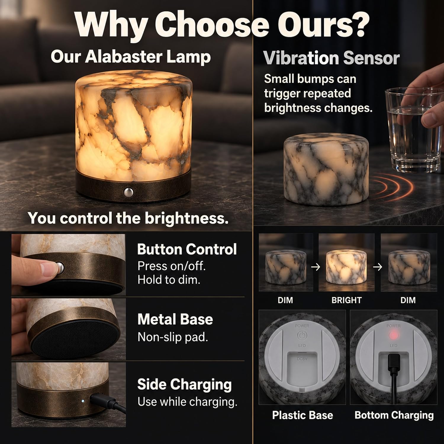 Vikua Spanish Alabaster Table Lamp, Cordless Rechargeable, Dimmable