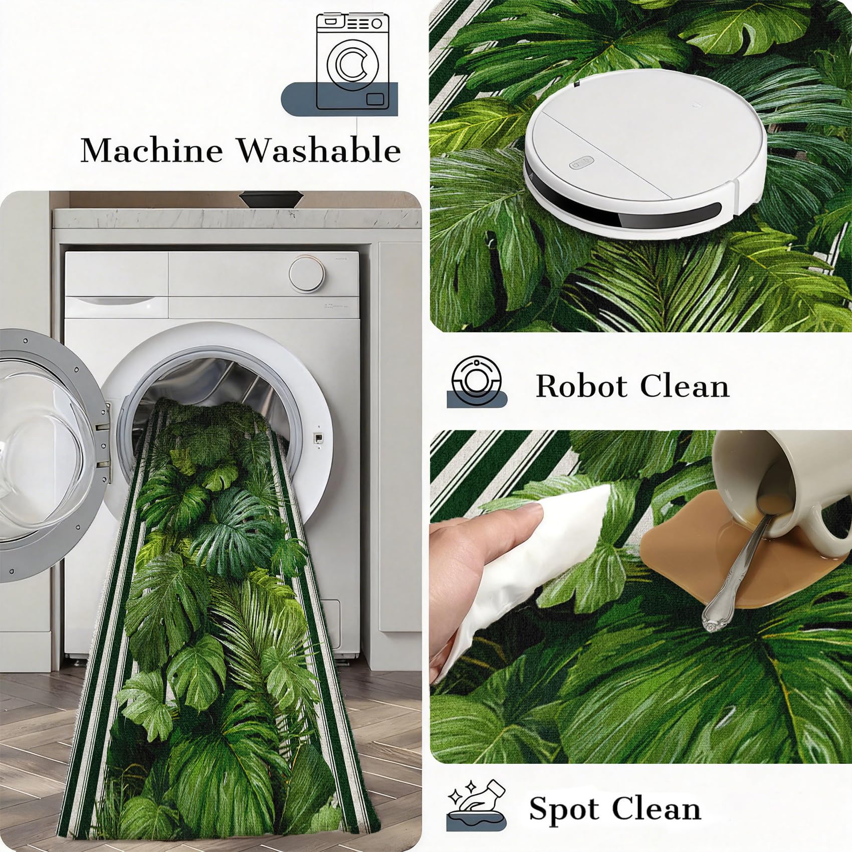 Monstera Blätter Teppich Läufer 60x150, Tropische Pflanze Teppiche Rutschfest Kurzflor Waschbar Bettumrandung Schlafzimmer, Grün Streifen Teppichläufer für Küche Flur Eingangsbereich DML185wq
