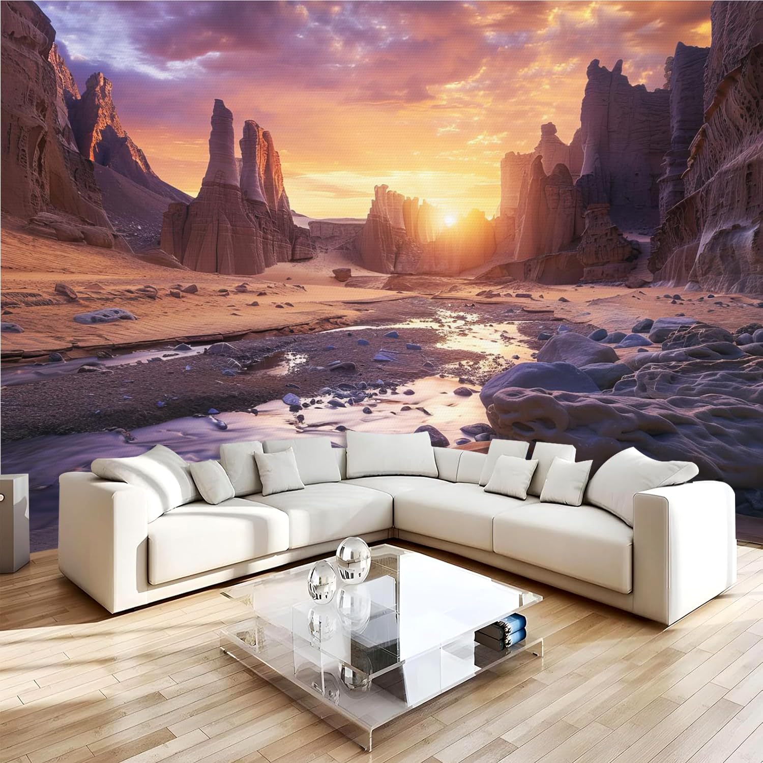 Papier Peint Panoramique 3D 300x210 cm Canyon Désertique Lever De Soleil Non-tissé Murale Maison Décoration Intérieure Nature Paysage pour Chambre Salon Mur TV Artistique Poster Décoration Murale 2N44