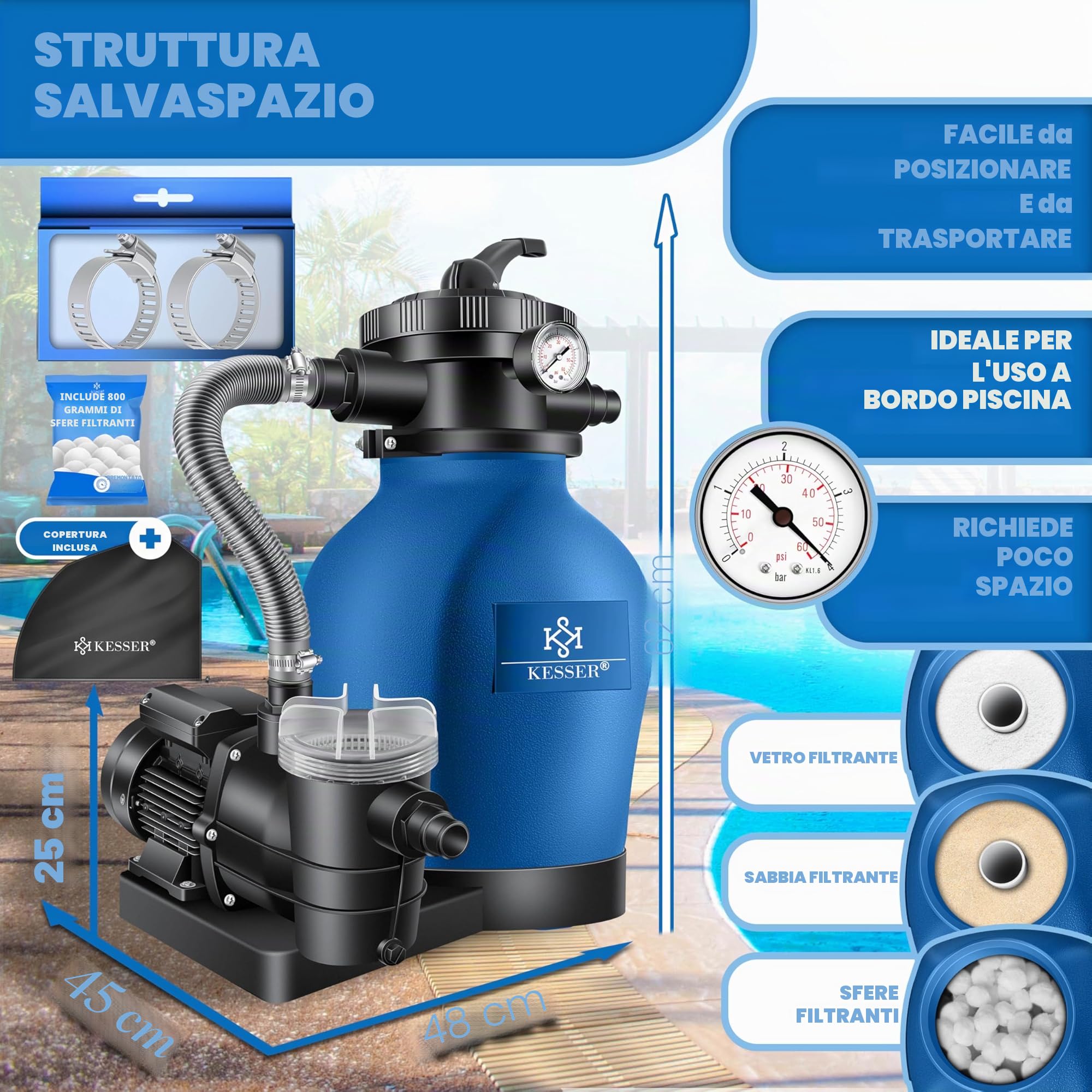 KESSER® Sistema di filtraggio a Sabbia Filtro a Sabbia+ Copertura + Sfere filtranti da 700 g sostituire 25 kg di Sabbia filtrante valvola a 7 Vie con indicatore di Pressione