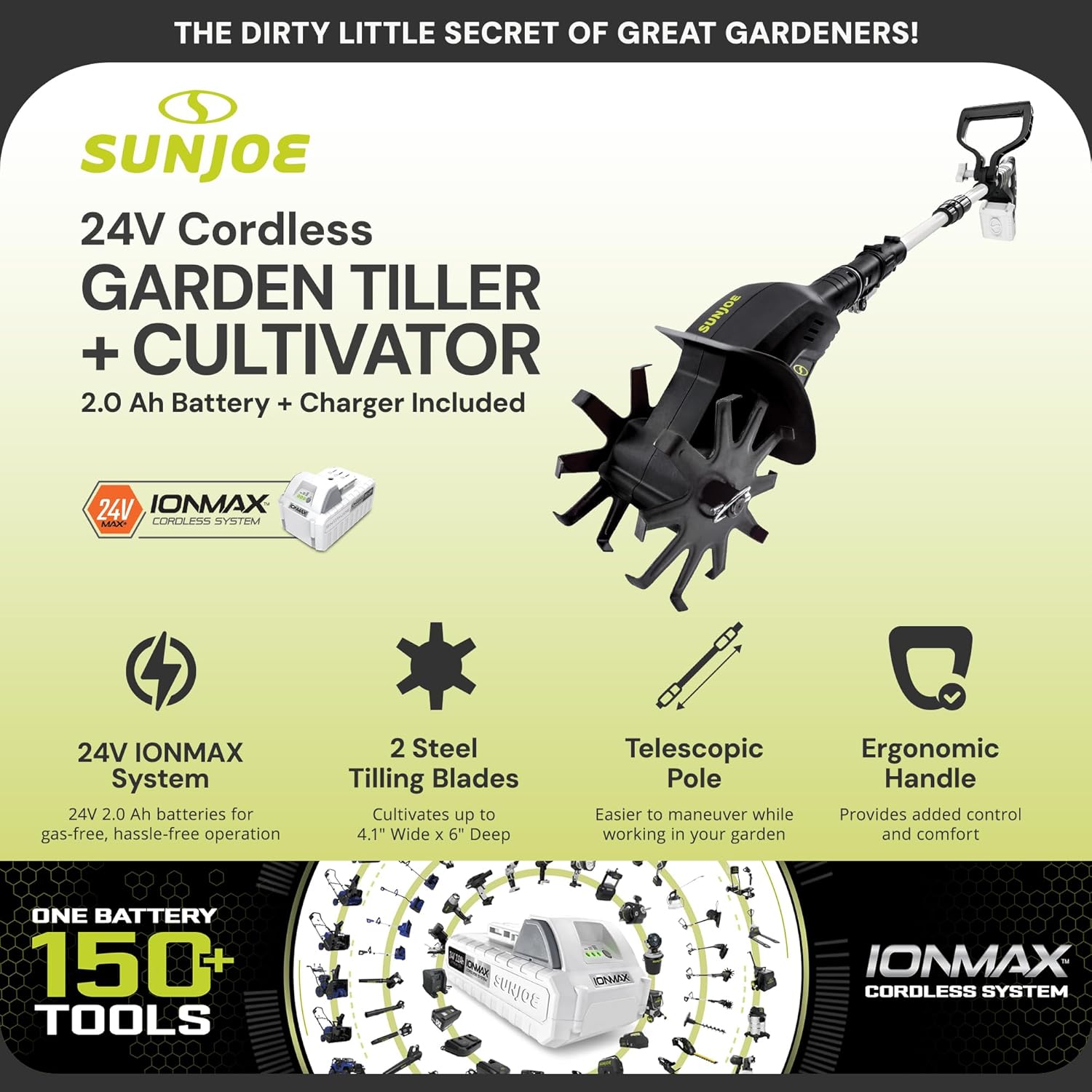 Sun Joe 24V-TLR-LTE 24-Volt Amp Cordless Garden Tiller + Cultivator, Kit (w/2.0-Ah Battery + Quick Charger)