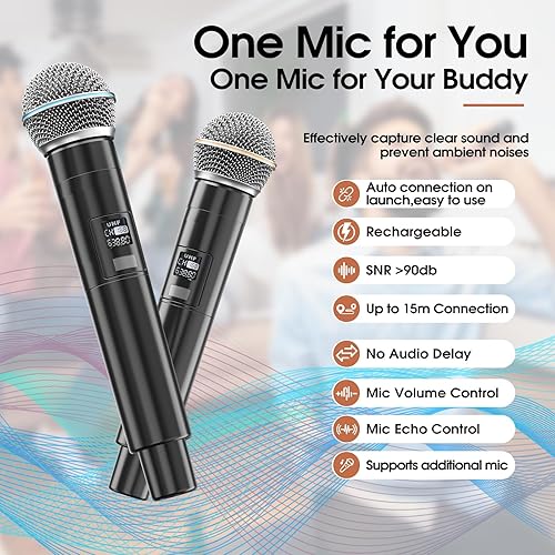 Miniatura 4 de Máquina de karaoke para adultos, 2 micrófonos inalámbricos para altavoz de karaoke, micrófono portátil y soporte de altavoz, expansión de micrófono