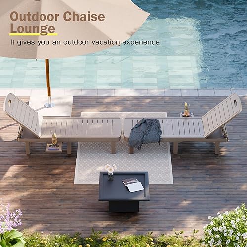 Miniatura 8 de CDCASA Juego de 2 tumbonas para exteriores, sillas de piscina con 5 posiciones ajustables y bandeja lateral, sala de descanso de resina impermeable