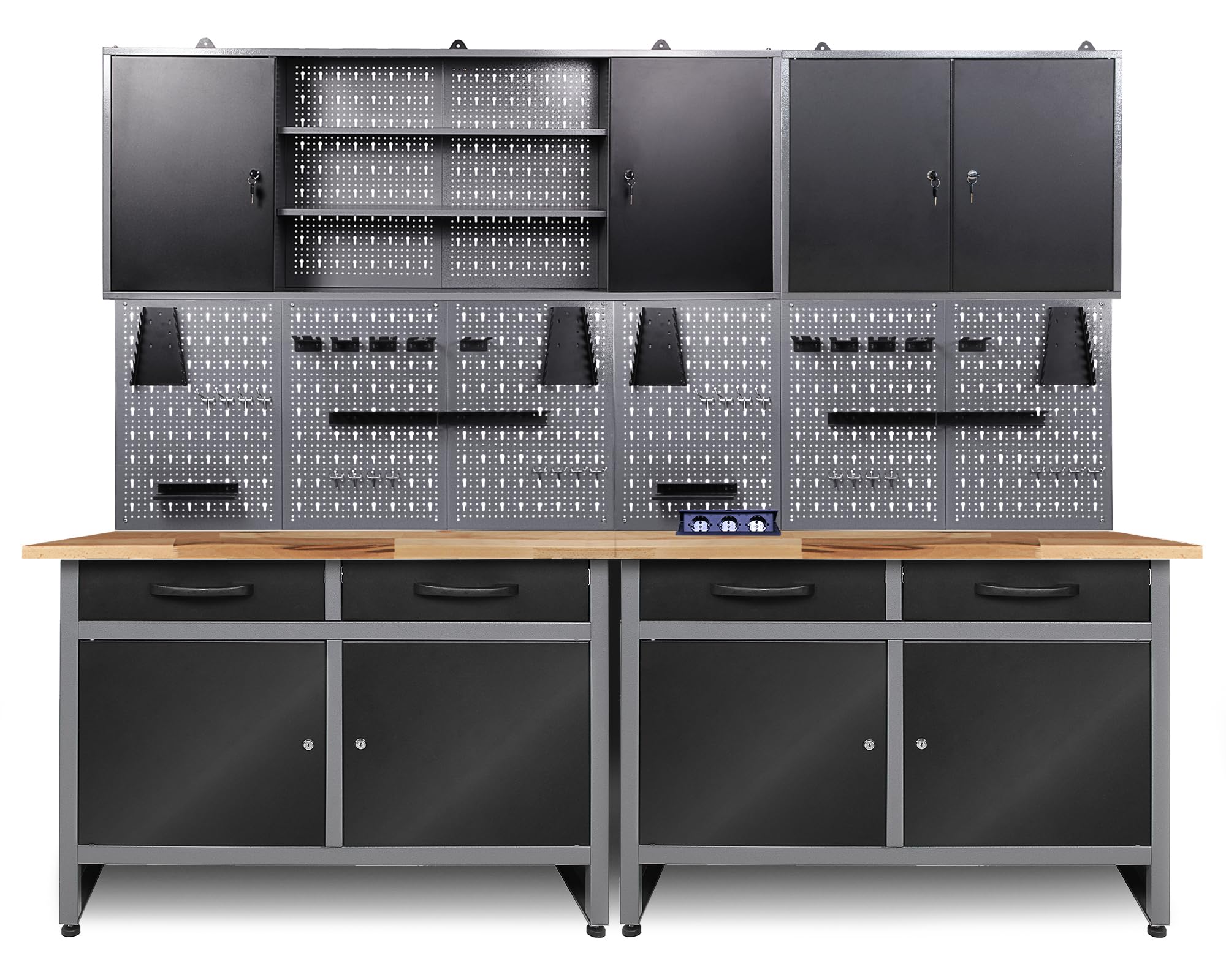 Ondis24 Werkstatt Set Werner 240 cm – Werkbank aus Buchenholz, 2 Werkzeugschränke, 6 Lochwände, 22-TLG. Haken-Set – stabile Werkstatteinrichtung mit 85 cm Arbeitshöhe