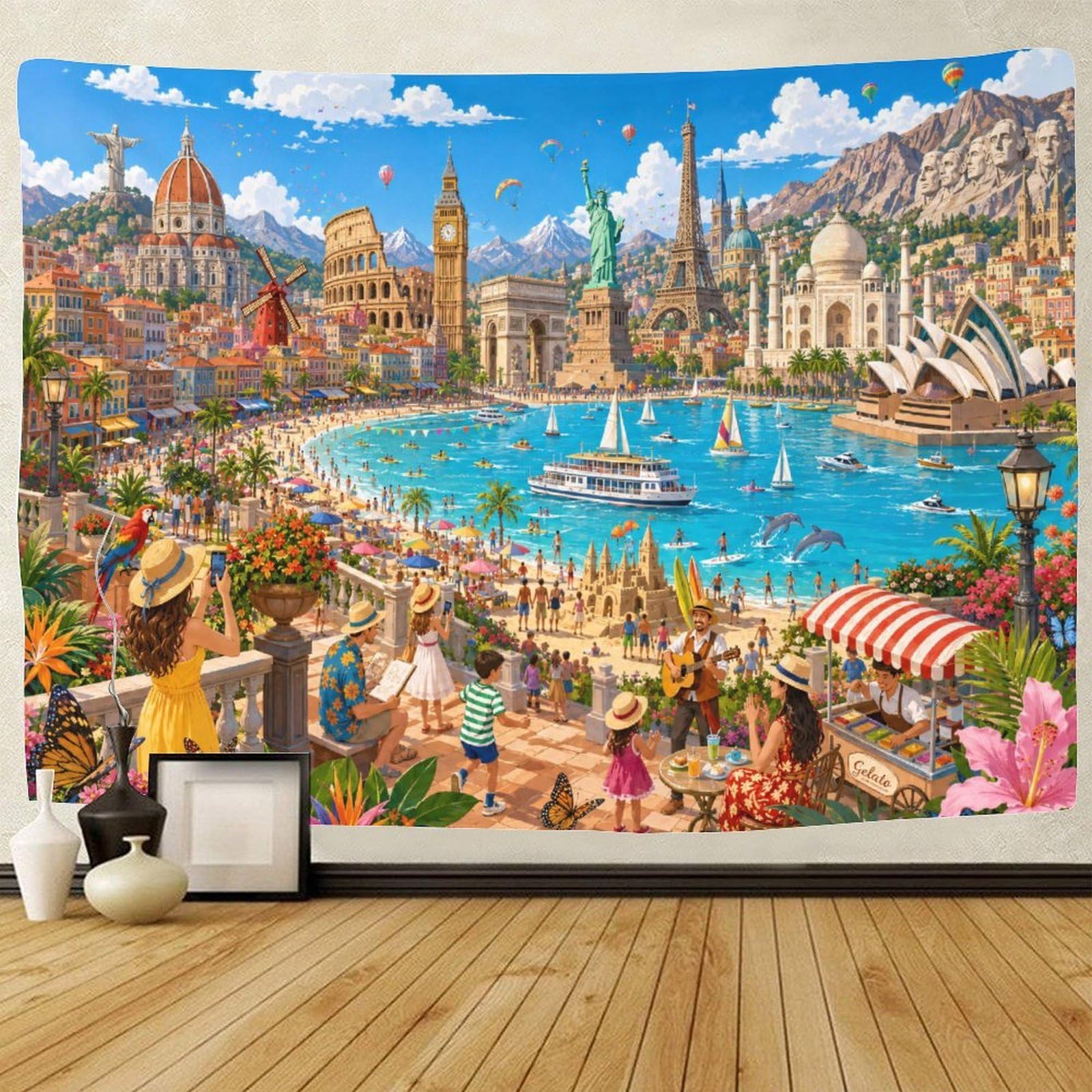 GPMNBCXZK World Famous Landmarks Collage 3D Print Tapestry for Bedroom Wall Hanging Decor Tapestries Home Decoration Curtain Living Room College Dorm 70cmx100cm
