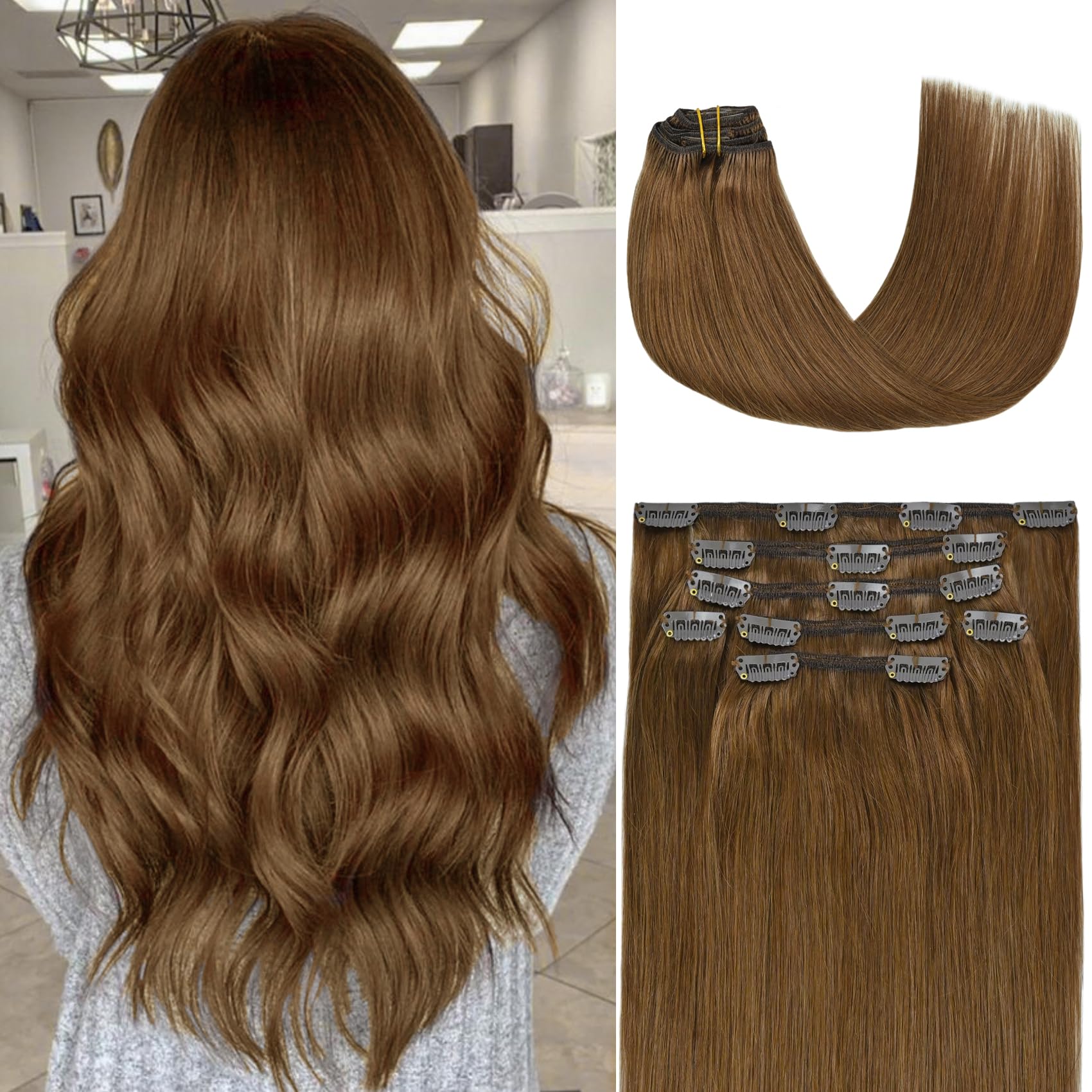 Clip in Hair Extensions Real Human Hair, Honsoo Real Human Hair Balayage Hair Extensions Chestnut Brown 20inch 70g 7pcs Straight Silky Blonde Hair Extensions For Women Natural Hair(20"#6)