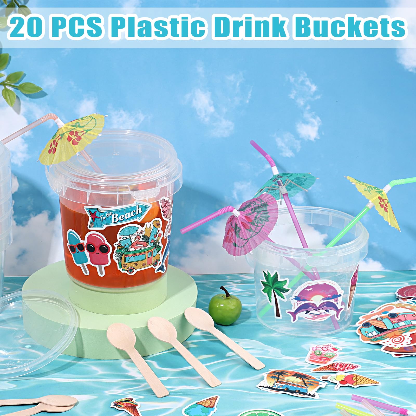 Paquete de 20 cubos de helado con tapas asas y cuchara, cubo de plástico reutilizable para bebidas, cubetas de ron de cóctel transparentes para fiestas (8.5 fl oz/1 litro) con calcomanías de verano 4