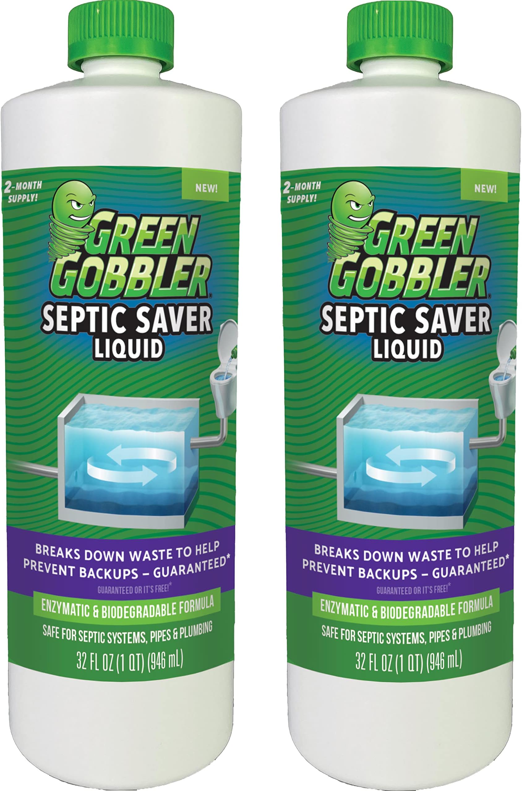 Green Gobbler Septic Saver Liquid Septic Tank Treatment with Natural Enzymes | Safe for Septic Systems, Pipes + Plumbing | Money-Back Guarantee, 2 Pack