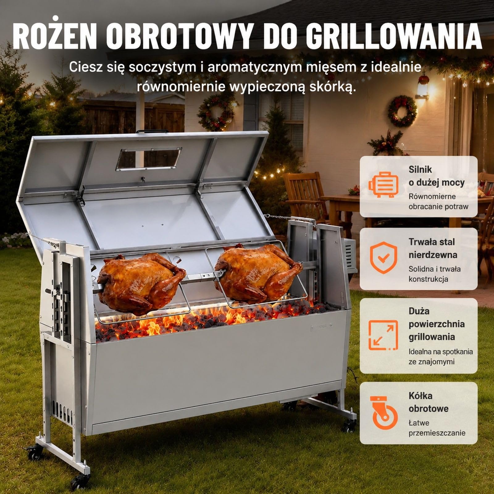 Grill rożenowy na węgiel z kółkami, pokrywą, rożnem ze stali nierdzewnej i regulacją wysokości do jagnięciny oraz prosiąt na zewnątrz