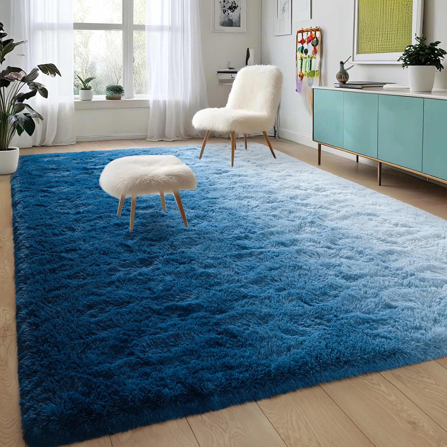 DweIke Extra Large Fluffy Area Rug, 6x9 Ft Navy Blue Rug Modern Indoor Living Room Bedroom Home Gradient Colorful Rugs, Shaggy Plush Faux Fur Carpets for Girls Kids Playroom Nursery Decor 6 ft x 9 ft Navy Blue