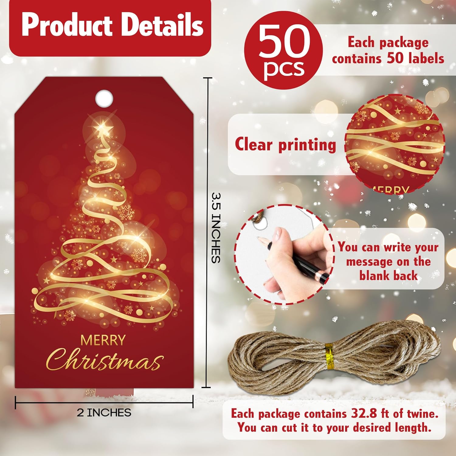 Red Gold Merry Christmas Gift Labels with String, 2x3.5 Inches Golden Foil Christmas Paper Gift Tags, 50PCS Xmas Presents Paper Hang Tags, Holiday Wrapping Party Favor Decor Supplies-A05 - Image 2