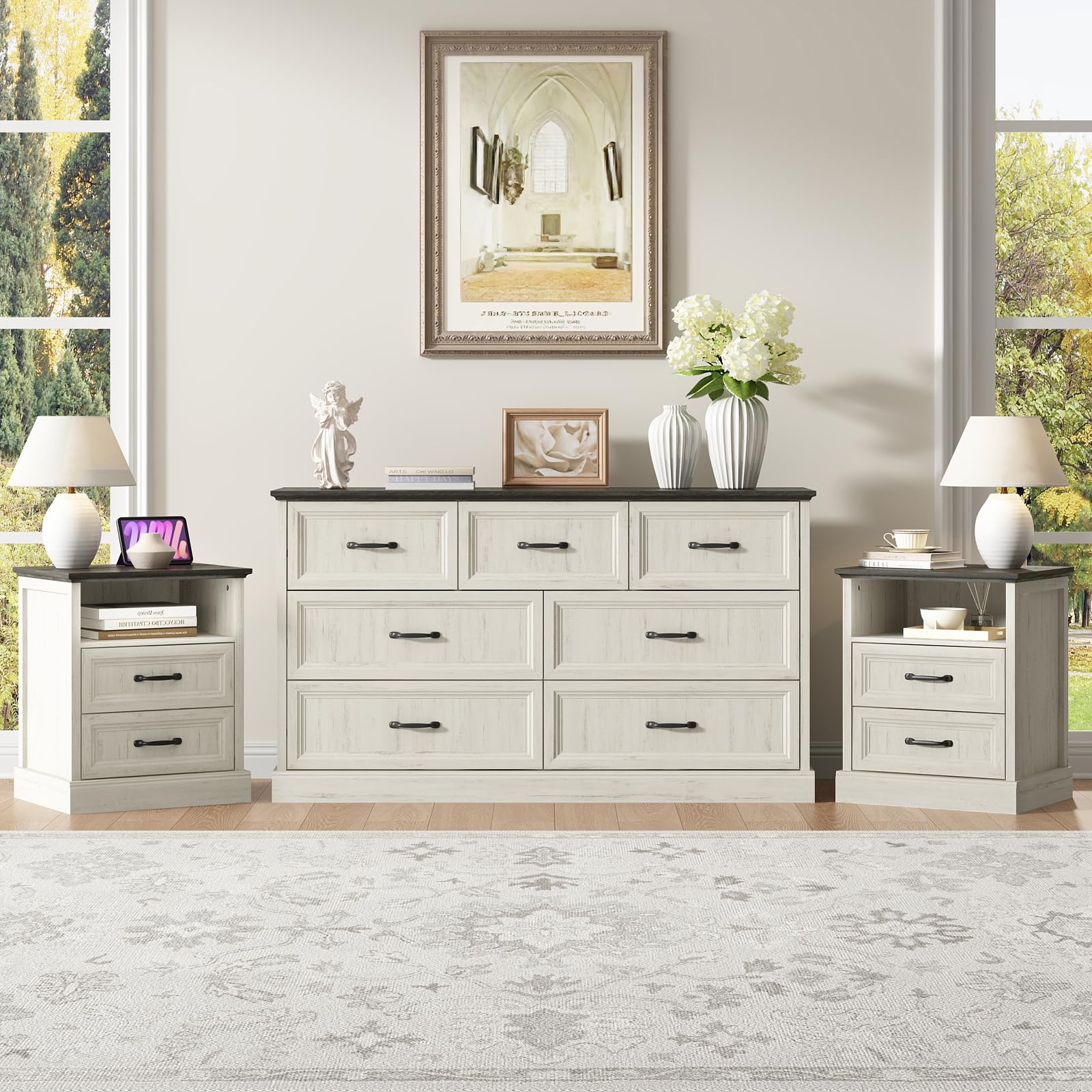 CARPETNAL Farmhouse Dresser and Nightstand Sets for Bedroom, 3 Pcs Bedroom Set, 7 Drawer Dresser & Nightstand Set of 2, Modern Wood Chest of Drawers