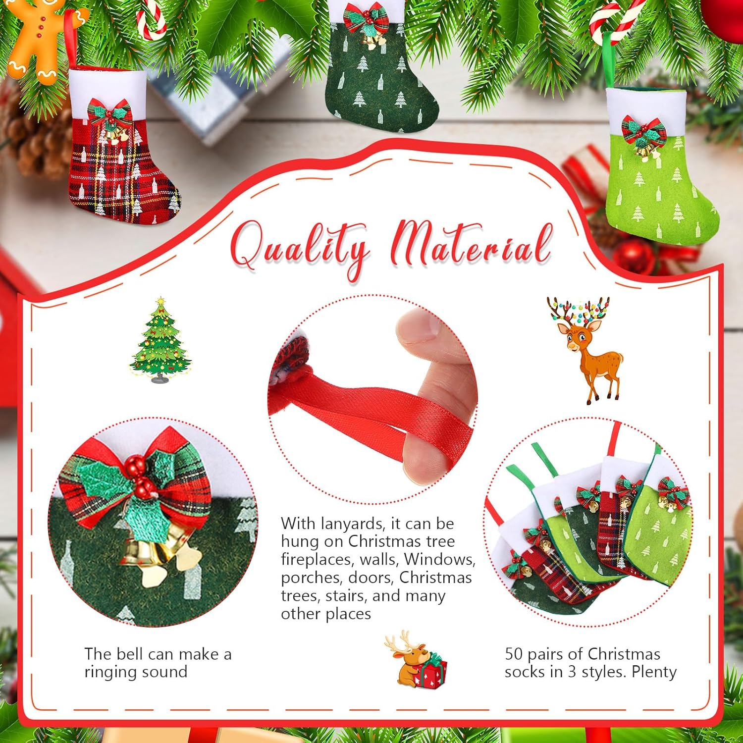 Meanplan 50 Pieces Christmas Stocking Bulk Xmas Stockings with Bells Christmas Tree Small Stockings Red Green Classic Stocking Decorations for Holiday Party Supplies 6 Inch