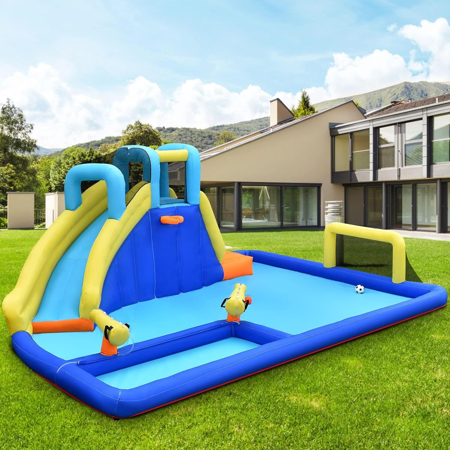 OLAKIDS Inflatable Water Slide, Bouncing Park House with Slide, Pool, 2 Water Guns, Climbing Wall, Bouncer Castle Outdoor with Hose, Carry Bag, Repaired Kit, Stakes, Balls (with Air Blower)