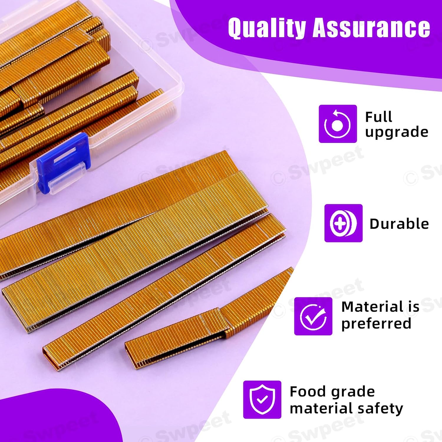 Swpeet 2801 Counts 3 Sizes K413 K419 K425 18 Gauge Approx 1/4"×1/2"/3/4"/1" Gold Narrow Crown Staples, Galvanized Finish Staples, Assorted Size Project Pack for Pneumatic, Electric Stapler