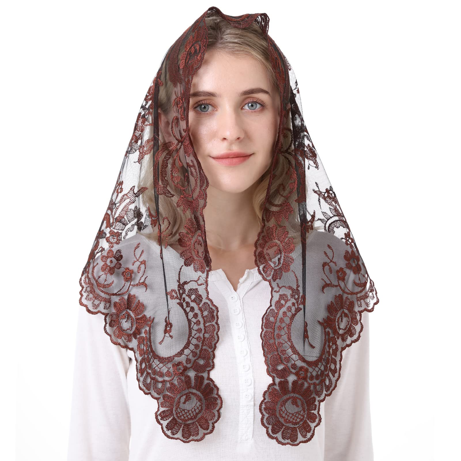 Spanish Mantilla Embroidery Lace Veils Catholic Church Mantillas Chapel Scarf Lace Mass (Blown and black)