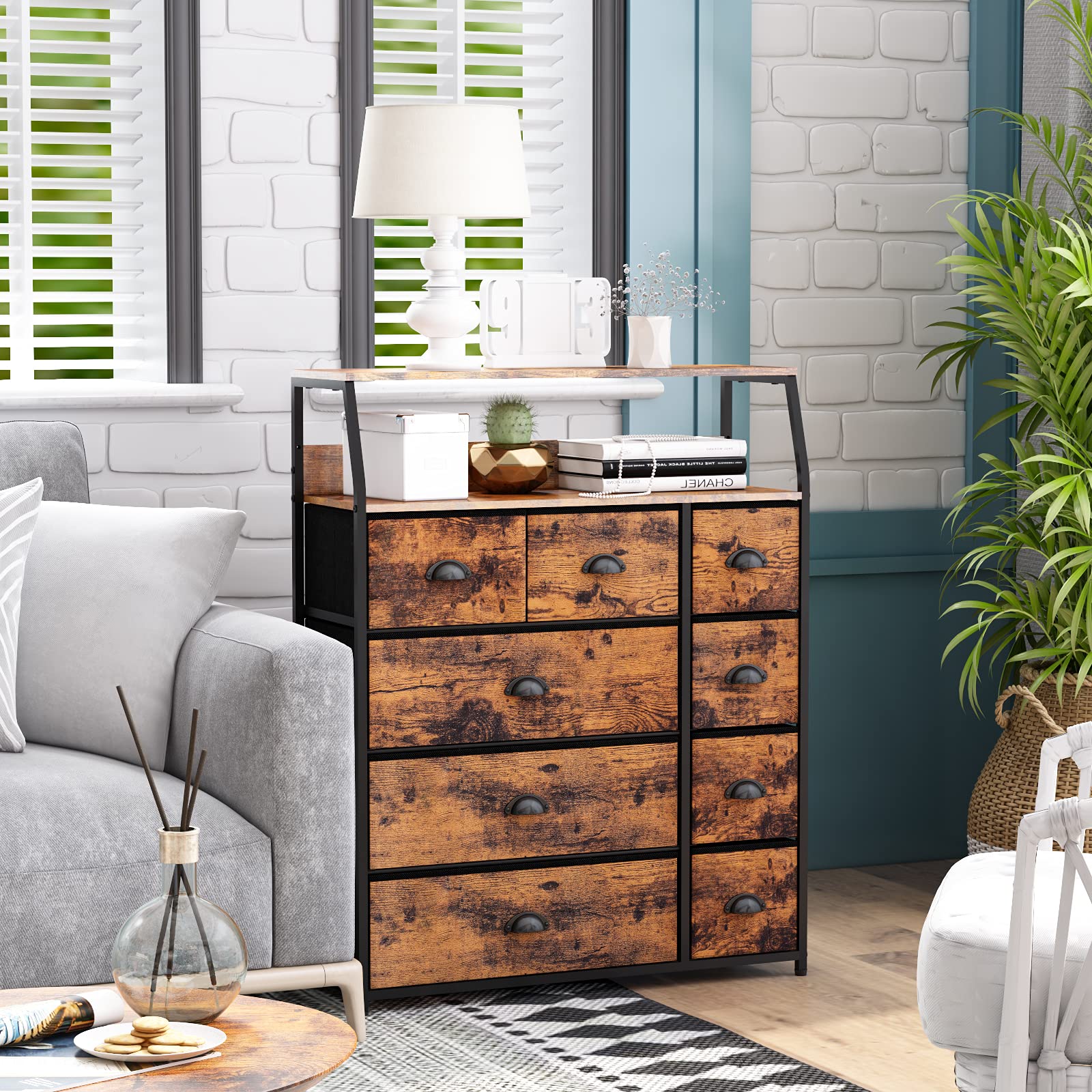 Furnulem 9 Drawer Dresser Large with Shelf,Tall Closet Storage Organizer for Bedroom,Living Room,Entryway-Industrial Style (Rustic Brown)