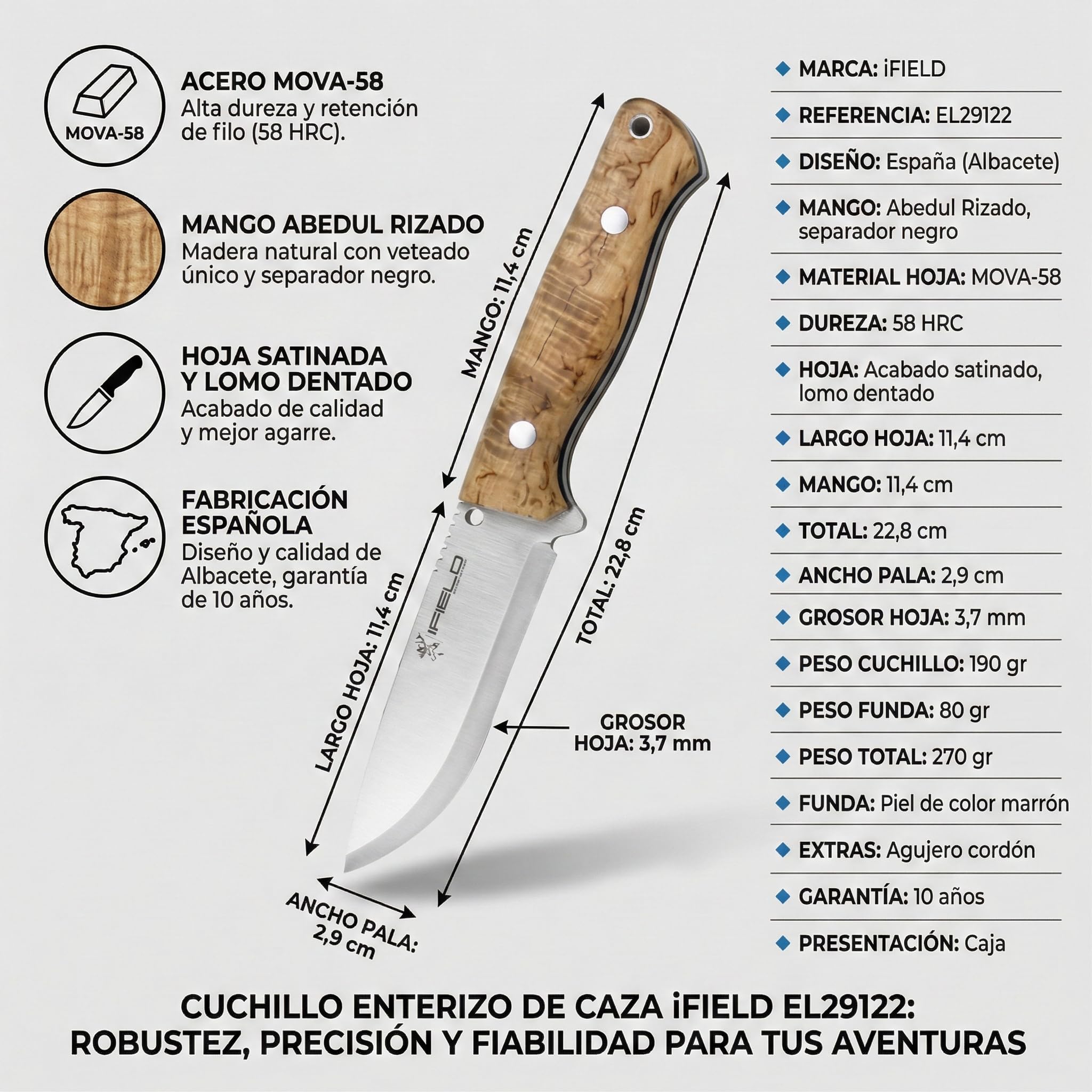 iFIELD EL29122 Coltello multifunzionale per escursioni, caccia e sopravvivenza all'aperto, lama in acciaio inossidabile MOVA-58 con manico in betulla riccio con distanziatore nero