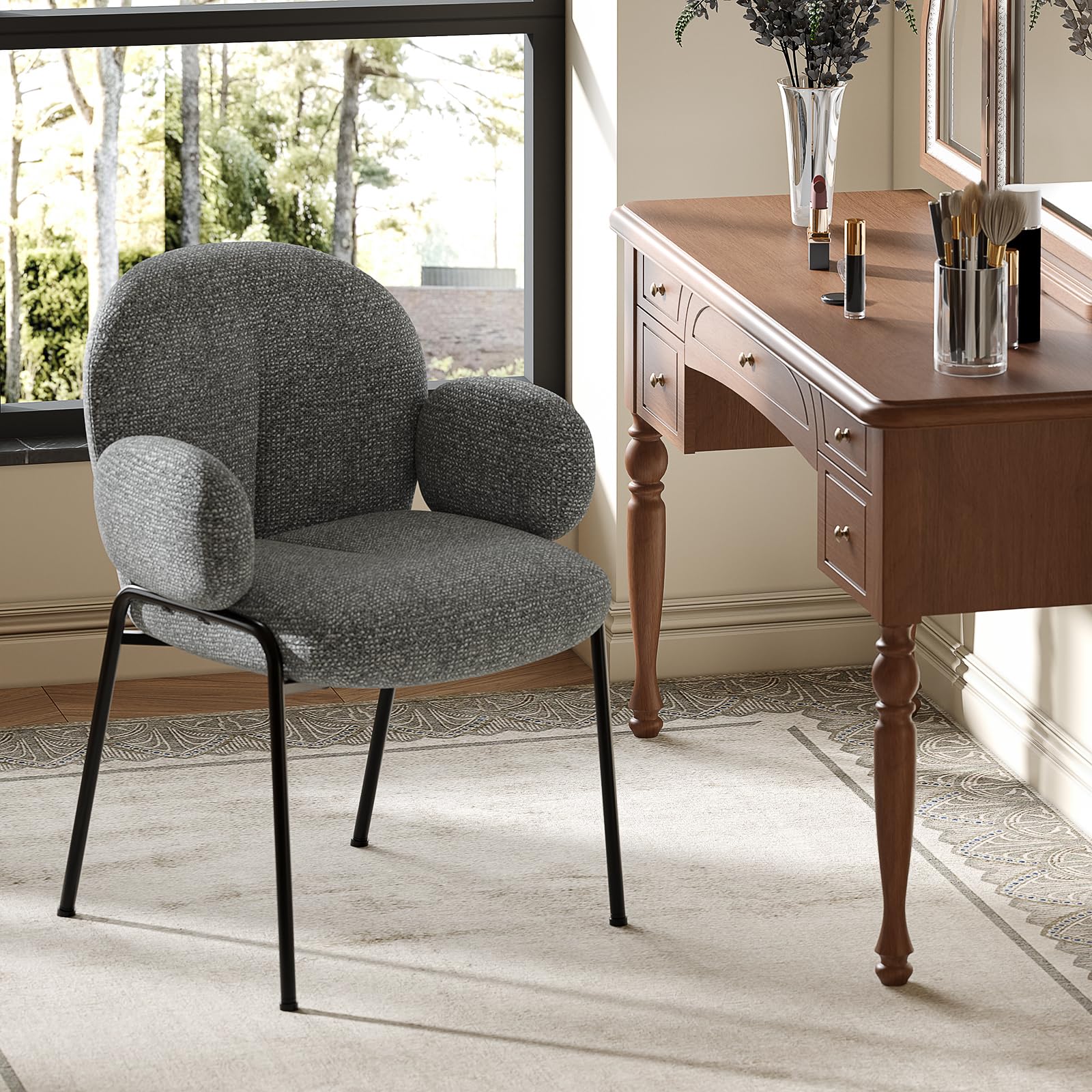 Set di 2 sedie da sala da pranzo, grigio scuro con bracciolo, moderne sedie imbottite con schienale alto, struttura in metallo, piedini regolabili in altezza, per soggiorno, sala da pranzo