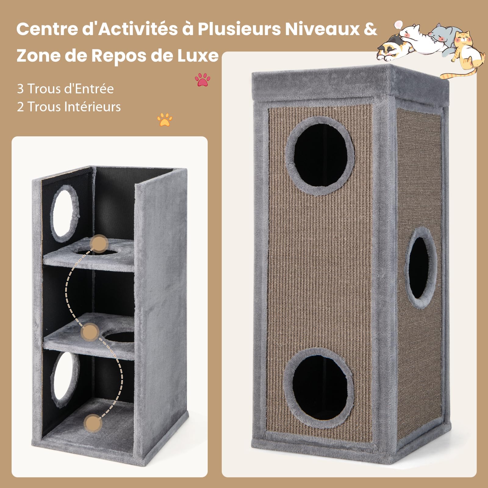 GYMAX Tonneau Griffoir Chat 99cm à 4 Niveaux, 2 Planches à Gratter Revêtues Amovibles, 3 Condos & Perchoir de Peluche Supérieur, Coussins Doux, 3 Entrées, Centre d'Activité pour Chatons d'Intérieur