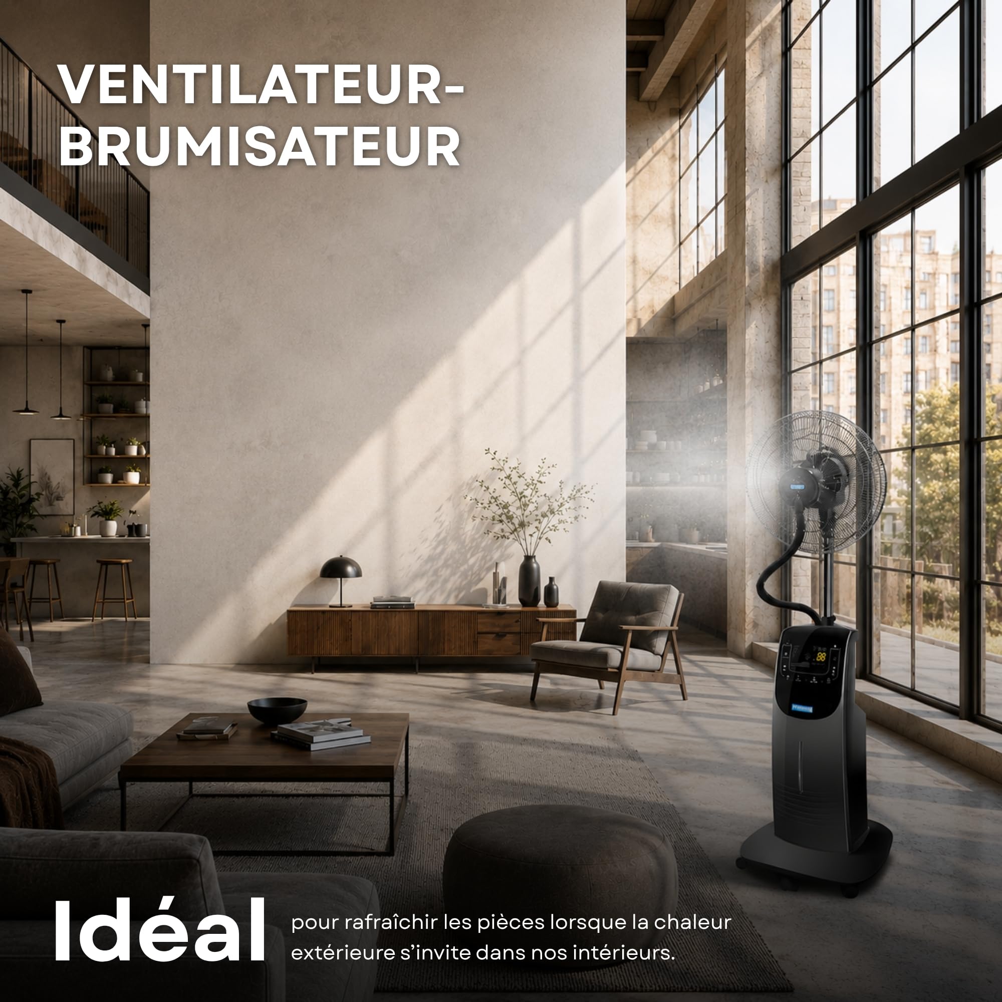O’FRESH Ventilateur Brumisateur Intérieur sur Pied 135 cm - Rafraîchissement Puissant - Anti-moustique intégré - Autonomie 14h - Ioniseur d’air - Télécommande - Conçu en France