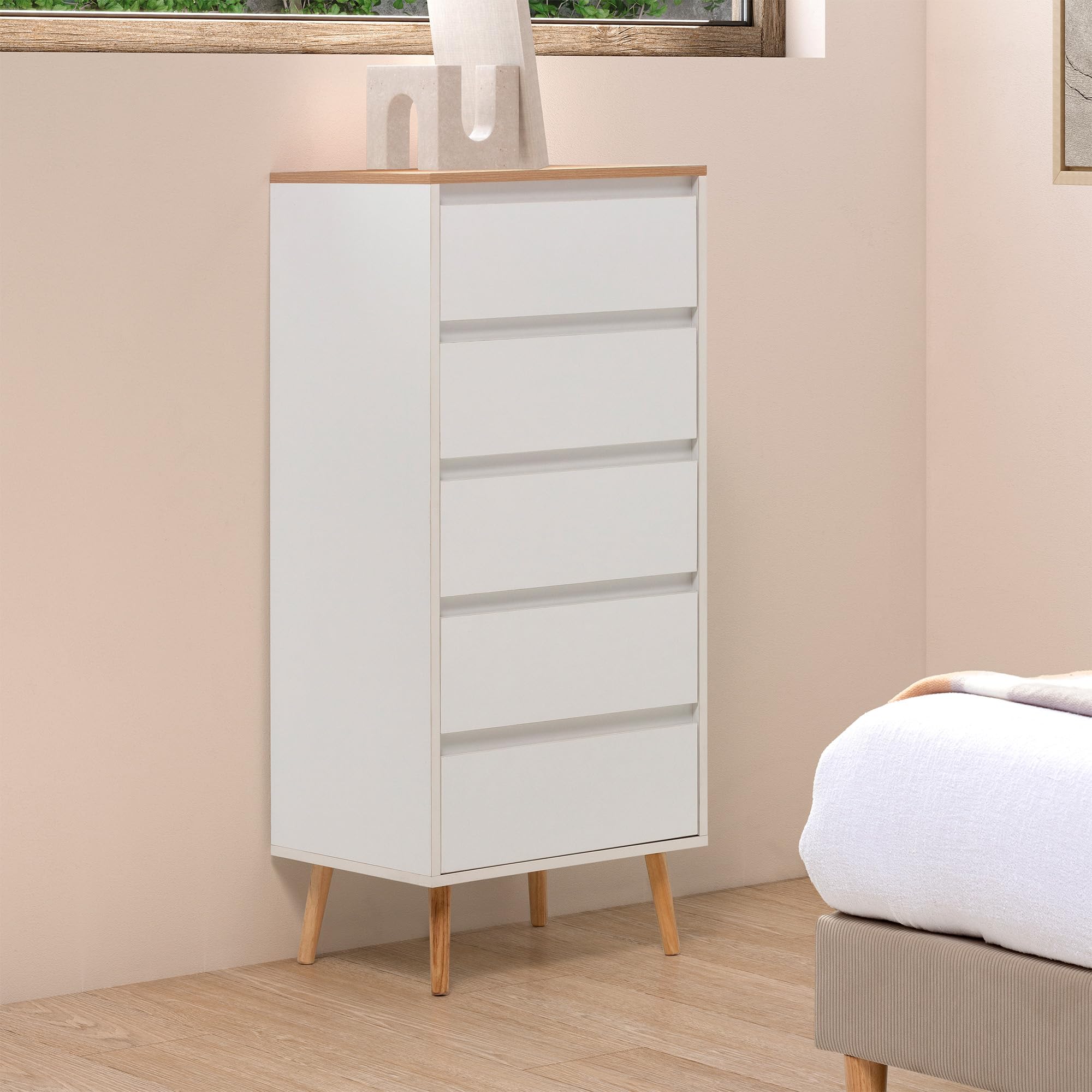 HOMN LIVING Cómoda Alta Desi 5 cajones Color Blanco, 50 cm (Ancho) 40 cm (Profundo) 115 cm (Altura)