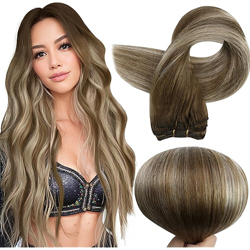 Full Shine Sew In Hair Extensions 22 Inch Human Hair Weft Extensions Balayage Hair Extensions Sew In Color #6/60/6 Chestnut Brown Mix Platinum Blonde Double Weft Extensions Soft Hair 22 Inch