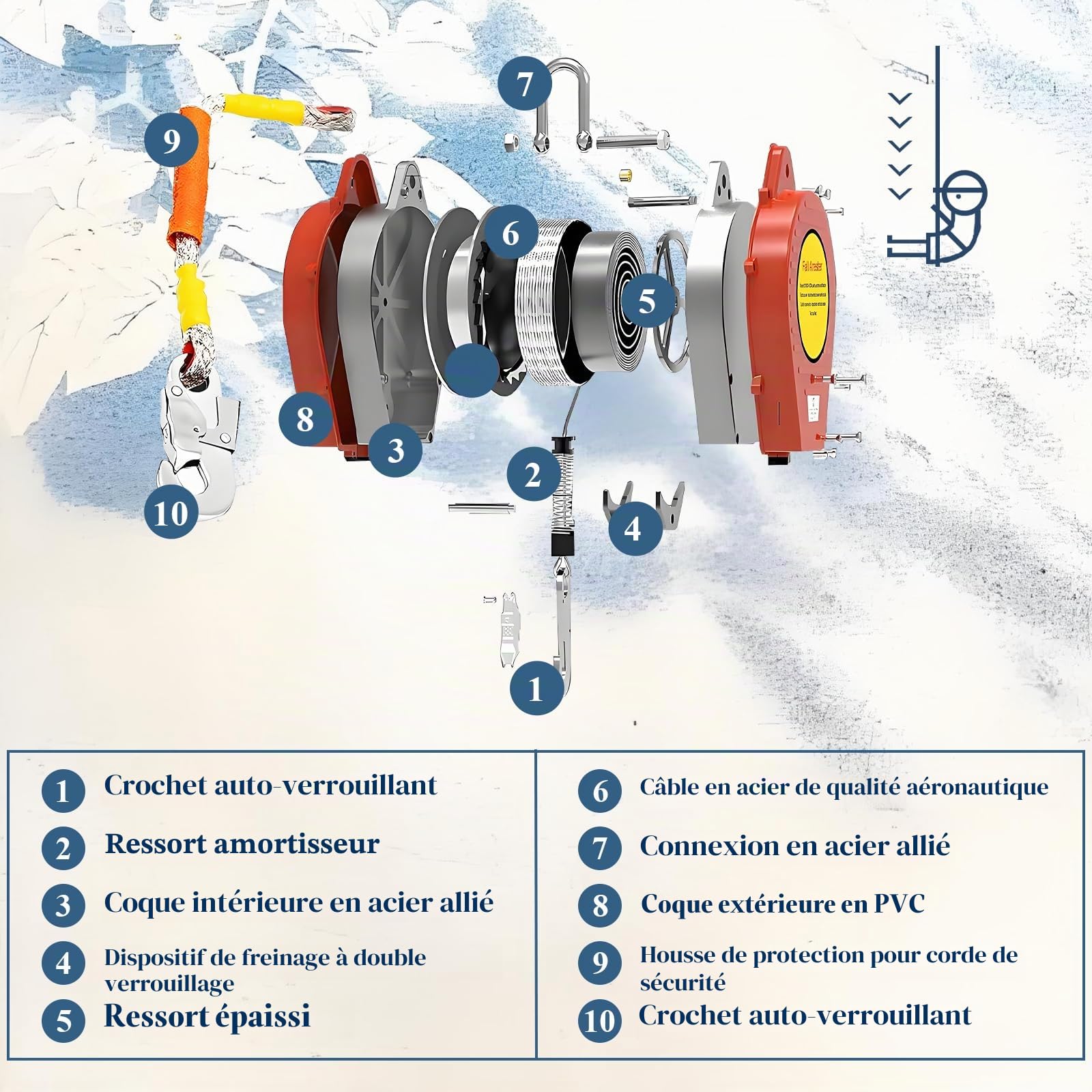 Harnais de Securite Anti Chute Rétractable, 200kg Dispositif Antichute a Rappel Automatique Rouge, 10m Retractable Harnais Anti chute Professionnel Toiture/Travaux Aériens