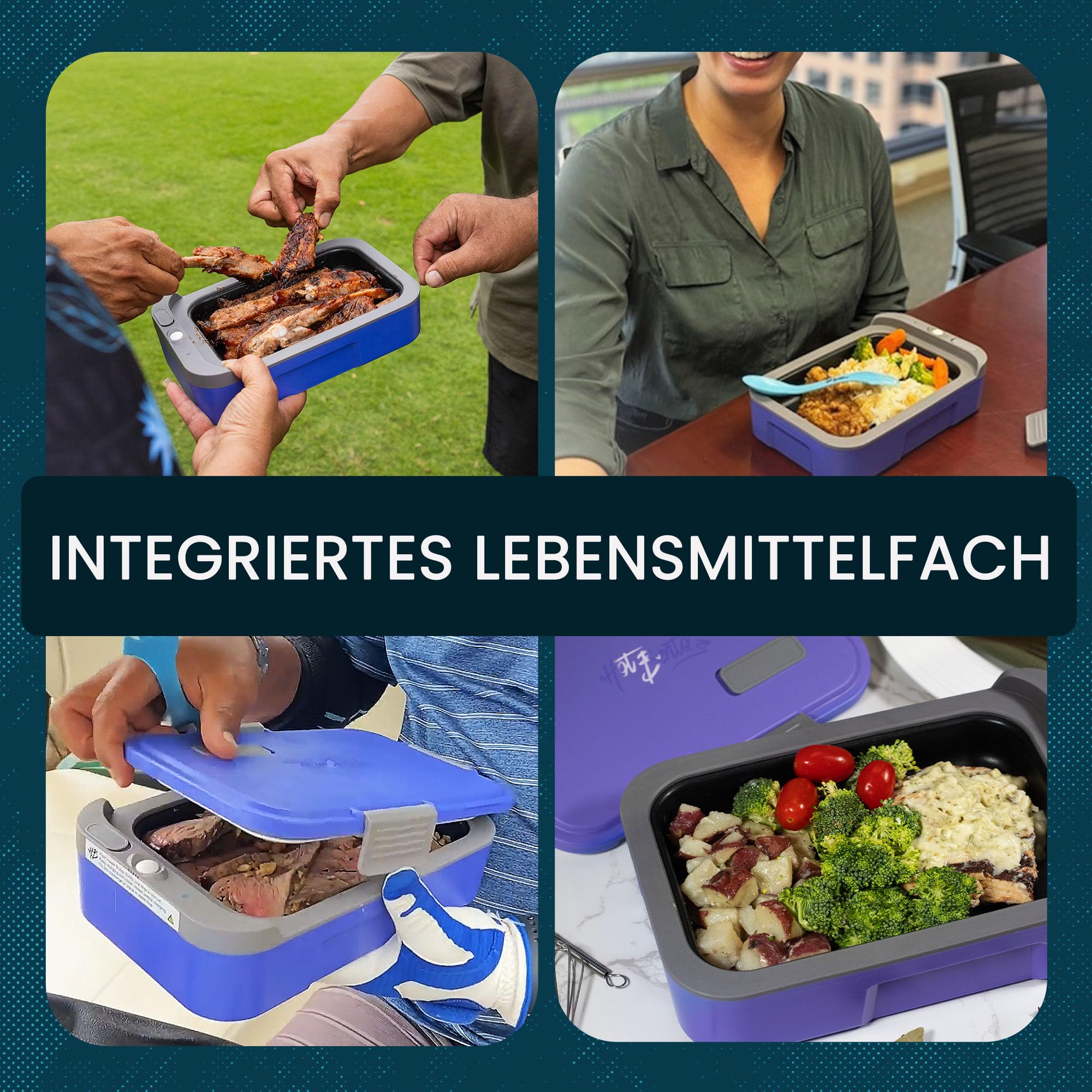Hot Bento - Lunchbox für Erwachsene mit Batterie zum Erhitzen von Essen - Für Büro, Schule, Reisen und Outdoor - Essensbox für Meal Prep, Leicht zu Reinigen, Aufladbar über AC Kabel - Very Peri