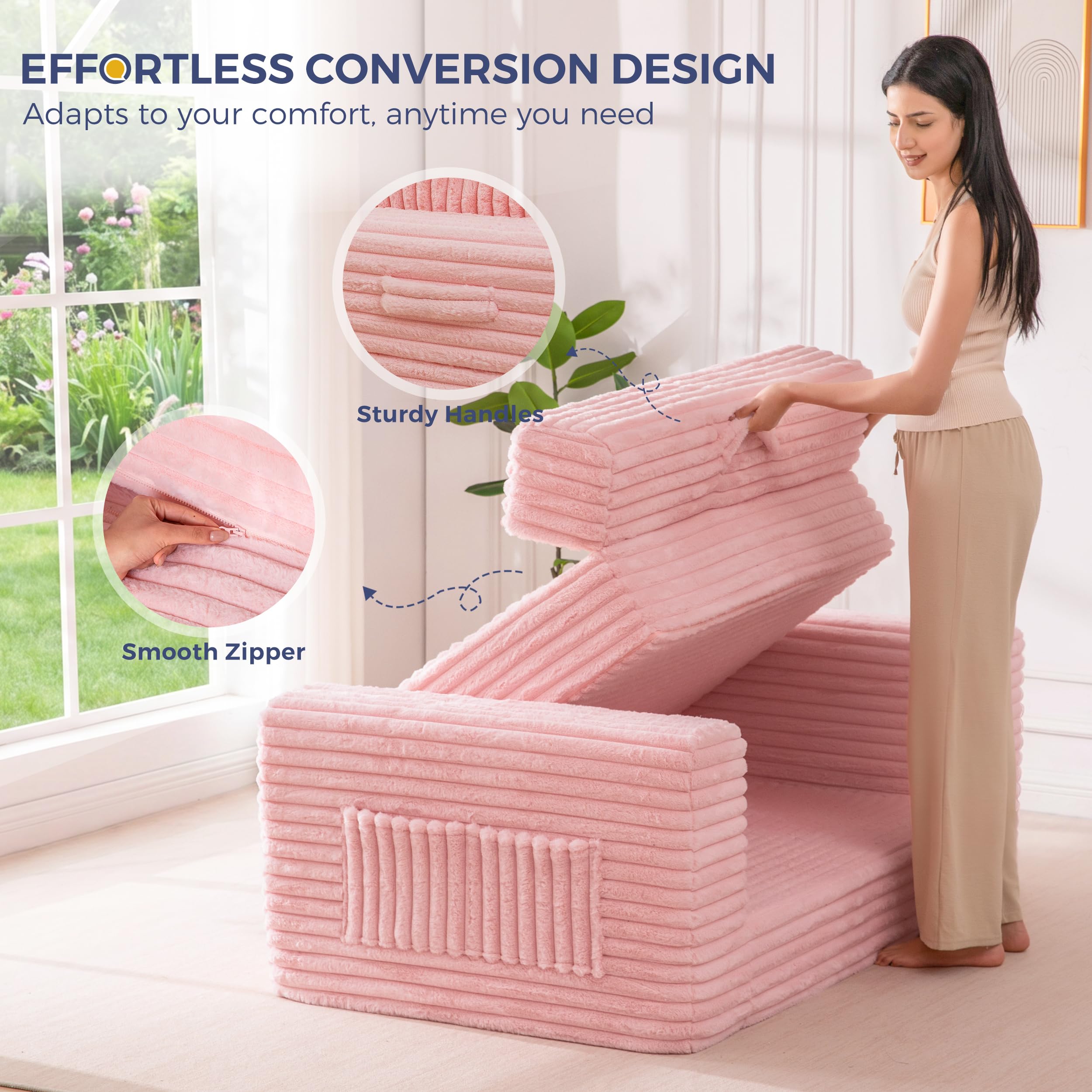 MAXYOYO Convertible Sofa Bed, Pull-Out Loveseat Couch Bed for Small Space | 2 in 1 Folding Couch Bed with Large Back Pillow, Plush Faux Fabric Lounge Couch for Living Room, Apartment, Pink