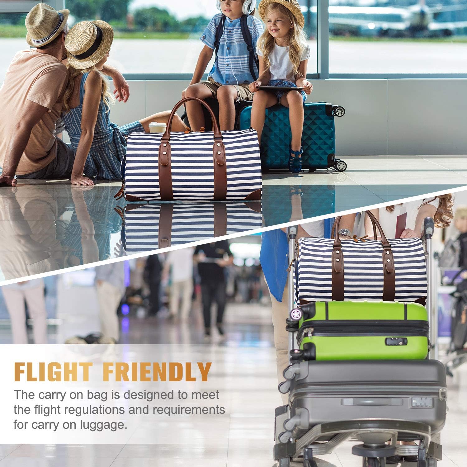  | Oflamn 21" Weekender Bags Canvas Leather Duffle Bag Overnight Travel Carry On Tote Bag with Luggage Sleeve (Blue/White Striped) | Travel Duffels