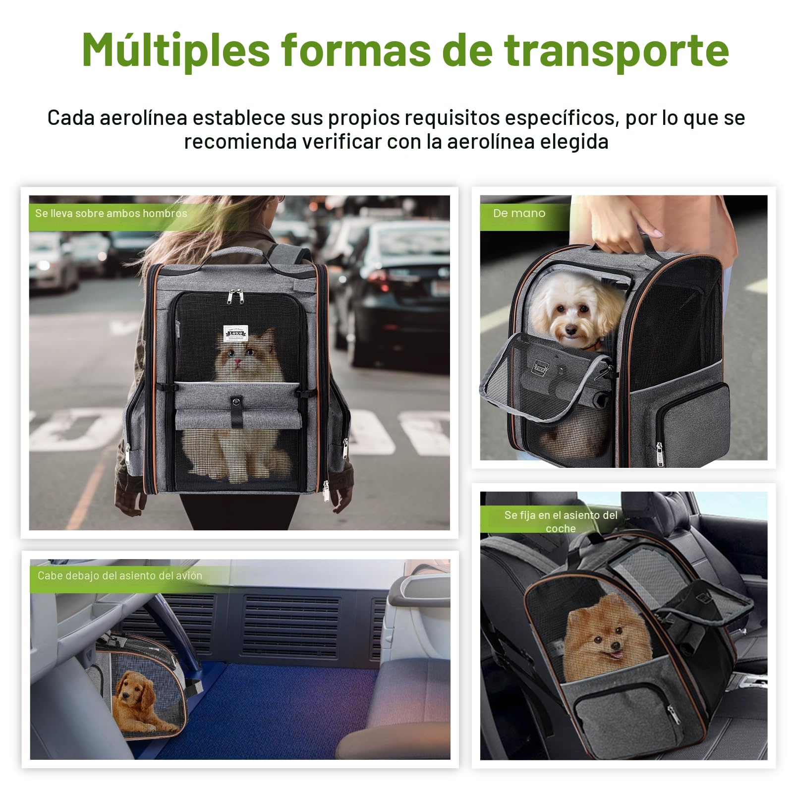 Transportín Grande para Gatos y Perros pequeños, expandible, Gatos medianos, Capacidad para hasta 8,1 kg, Mochila para Perros, Mochila Plegable para Cachorros, para Viajes, Senderismo, Gris