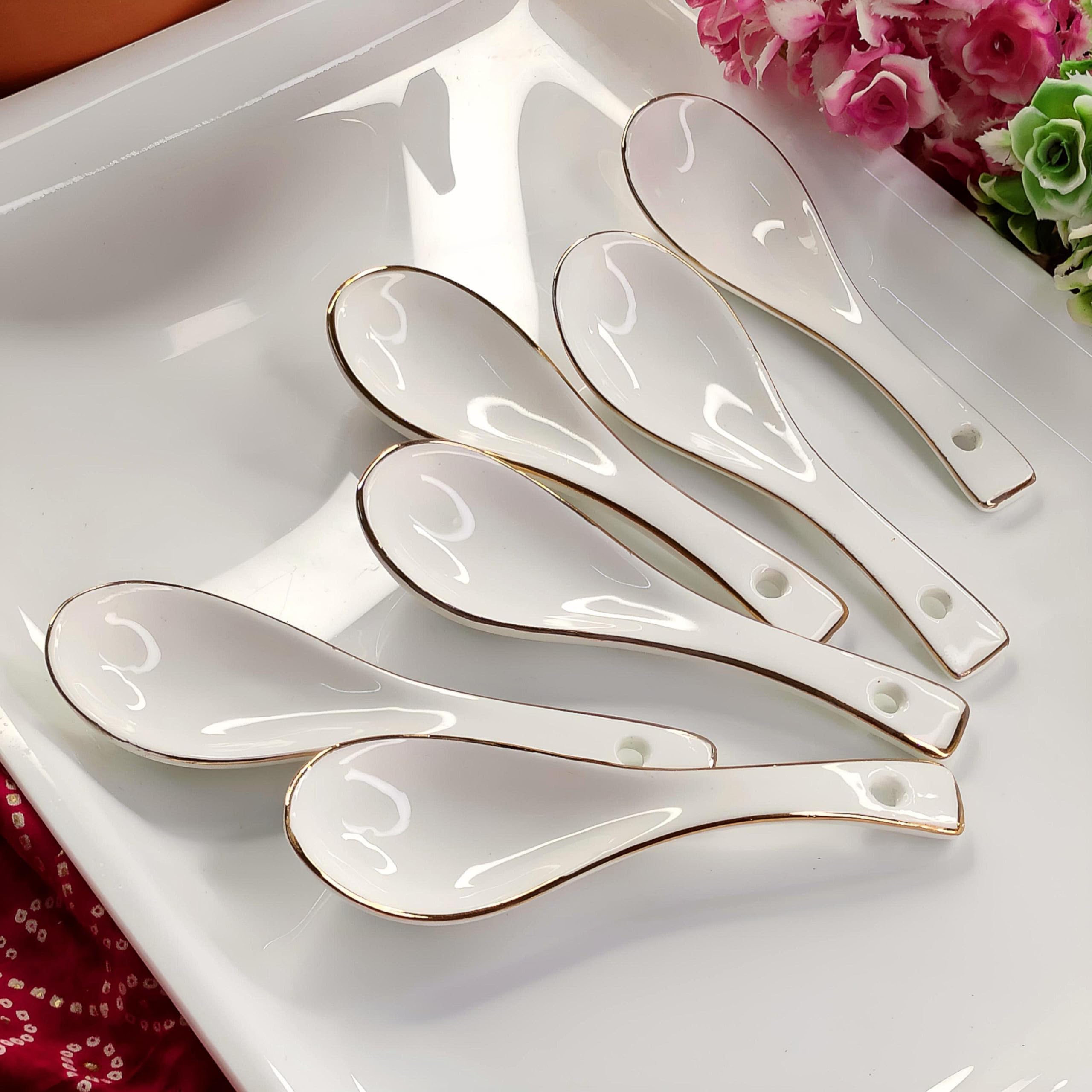 Vemlons Soup Spoons Ceramic Soup Spoon/Ceramic Golden line Soup Spoon Set of 6 Piece Spoon Set
