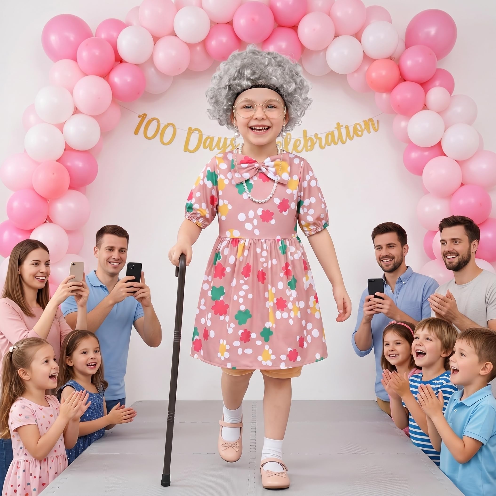 Disfraz de anciana para niños, Disfraz de Abuela, Conjunto Completo con Vestido y Accesorios para el día número 100 de Clases |.Talla L