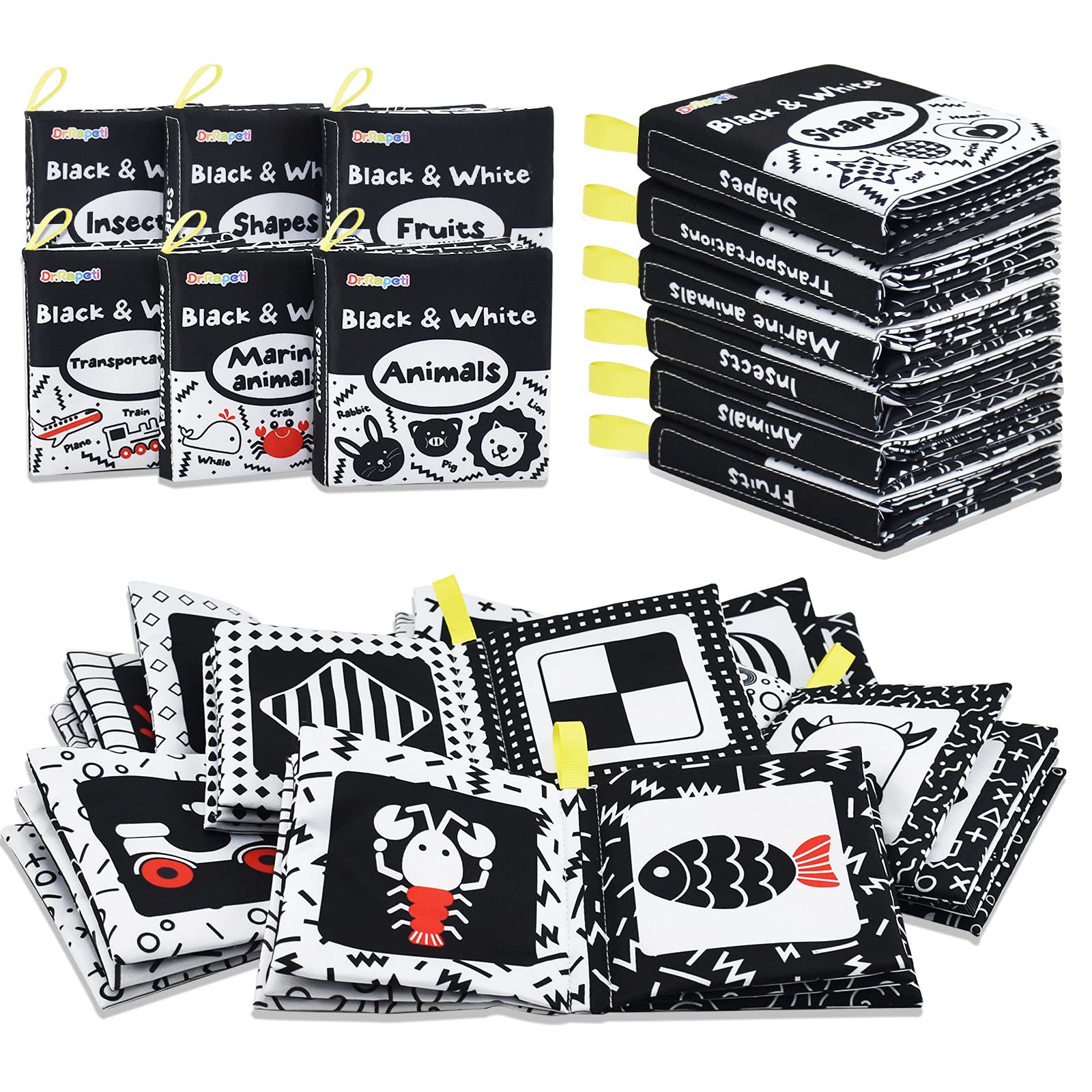 Dr.Rapeti Soft Cloth Books for Baby 6-Pack Black and White High Contrast Crinkle Washable Non-Toxic Chewable Early Educational Interactive Toys Soft Book Bath Toys for Babies Infants Toddlers Kids