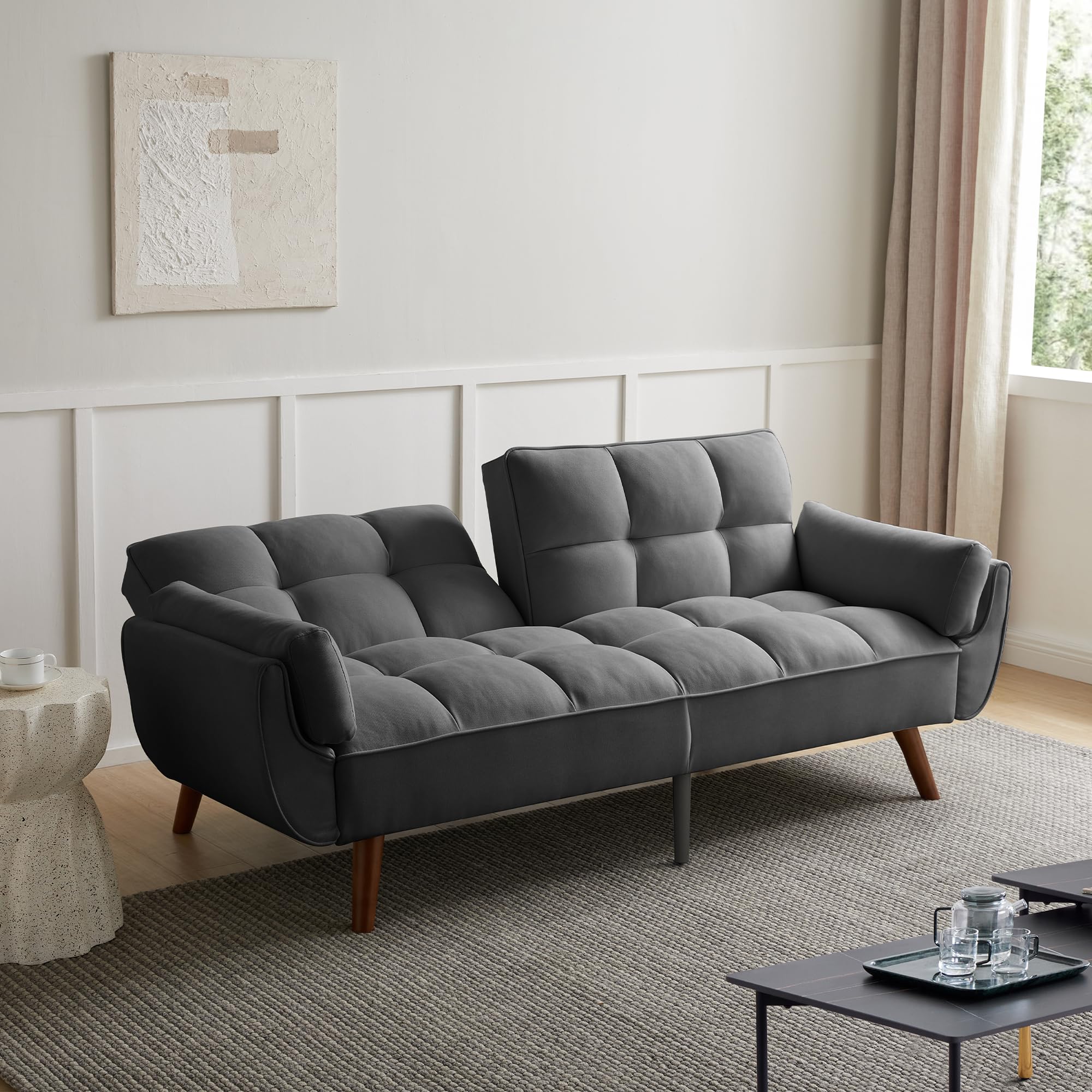 Convertible Futon Sofa Bed, 74.8?Fabric Futon Couch with 3 Levels Adjustable Backrest, Folding Futon Sleeper Sofa for Living Room, Apartment, Office, Guest Room (Grey)