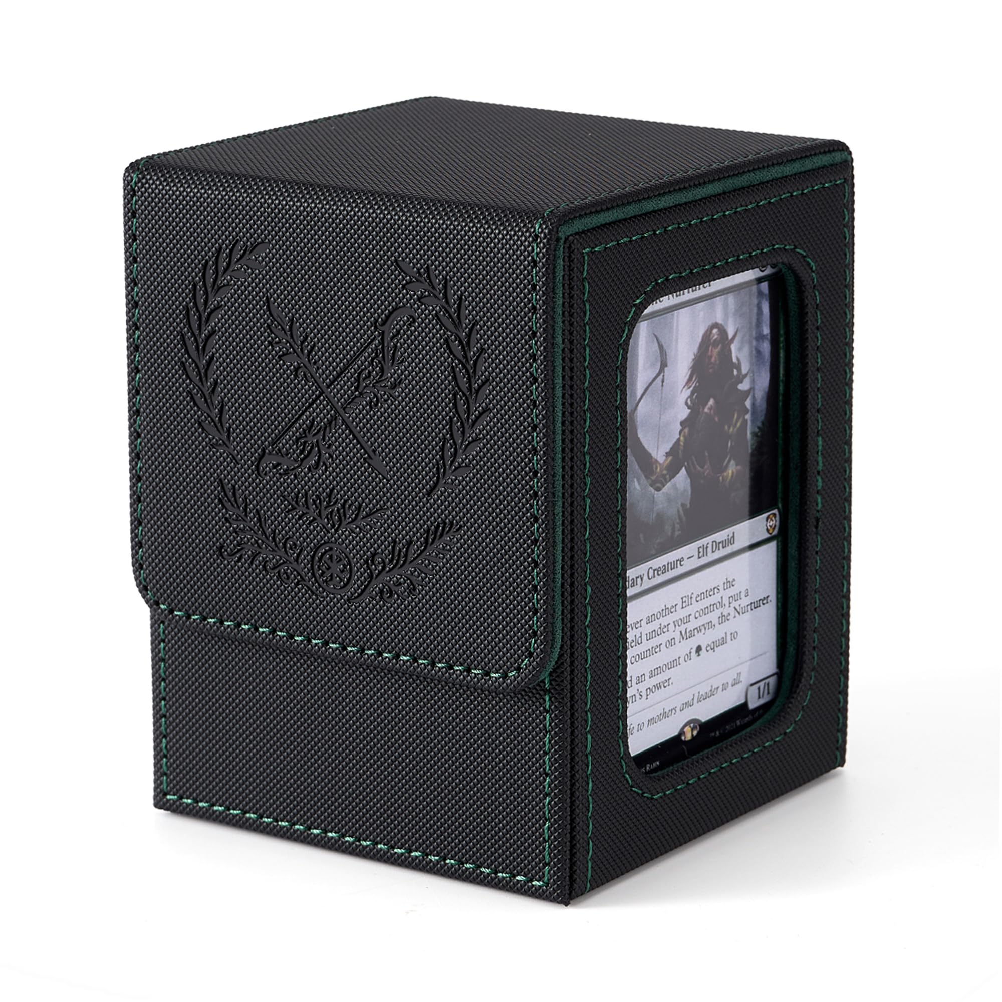 Venssu Elf Themed MTG Deck Box with Commander Display Window (Black＆Green)