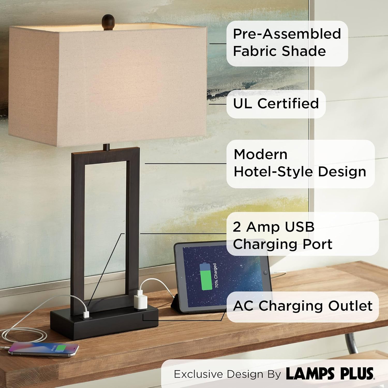 Bronze Rectangular Table Lamp with USB and AC Outlet