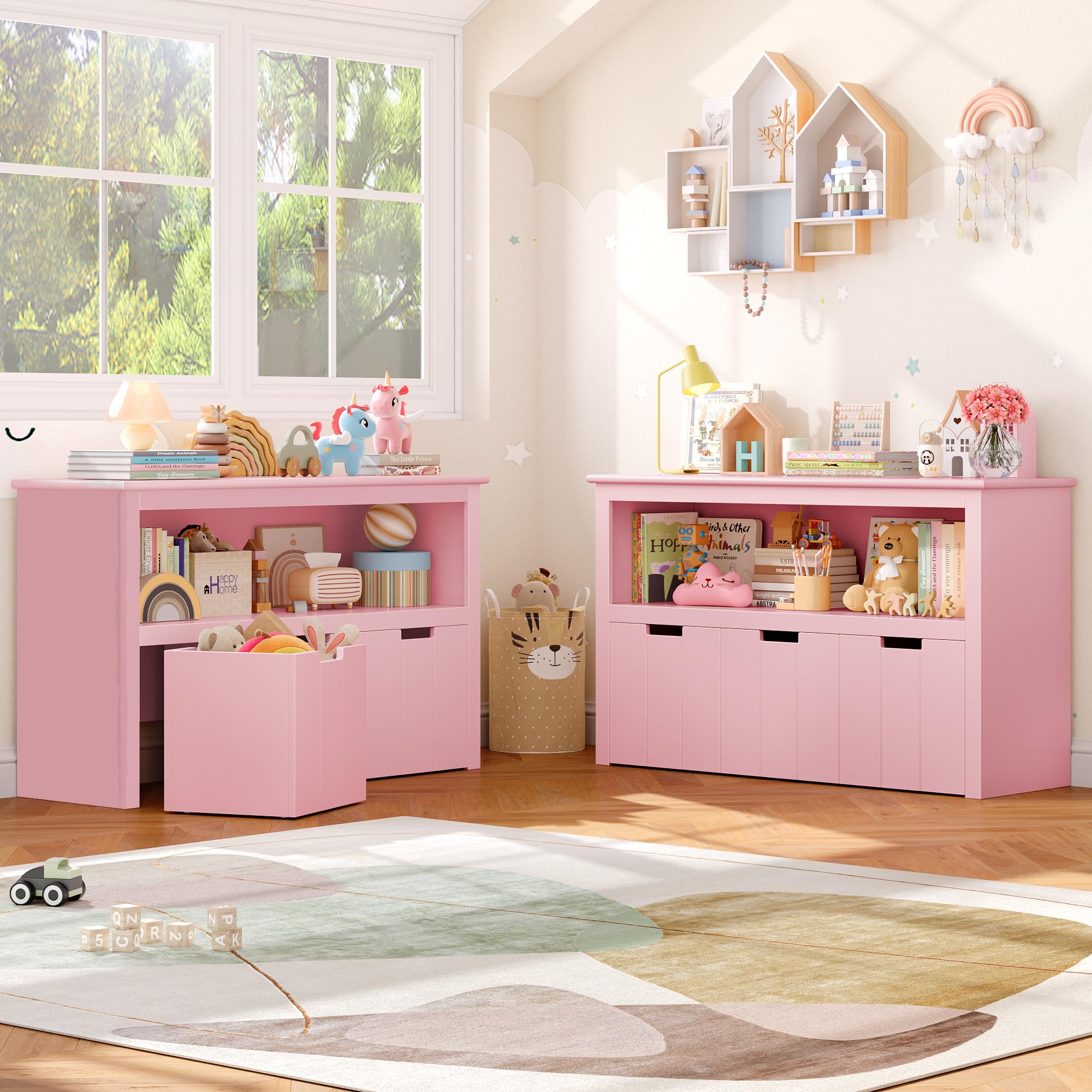 FOREHILL Kinderregal mit Boxen auf Rollen, Spielzeug Aufbewahrung Kinderzimmer Möbel, Spielzeugregal, Kinderschrank, Regal mit 3 Boxen, Truhen & Kisten für Kinder 102 x 33 x 61,5cm Rosa