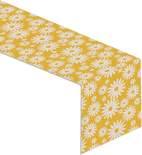 Rainlemon Camino de mesa de lino con margaritas para primavera, verano, boda, hogar, comedor, decoración (13 x 90 pulgadas)