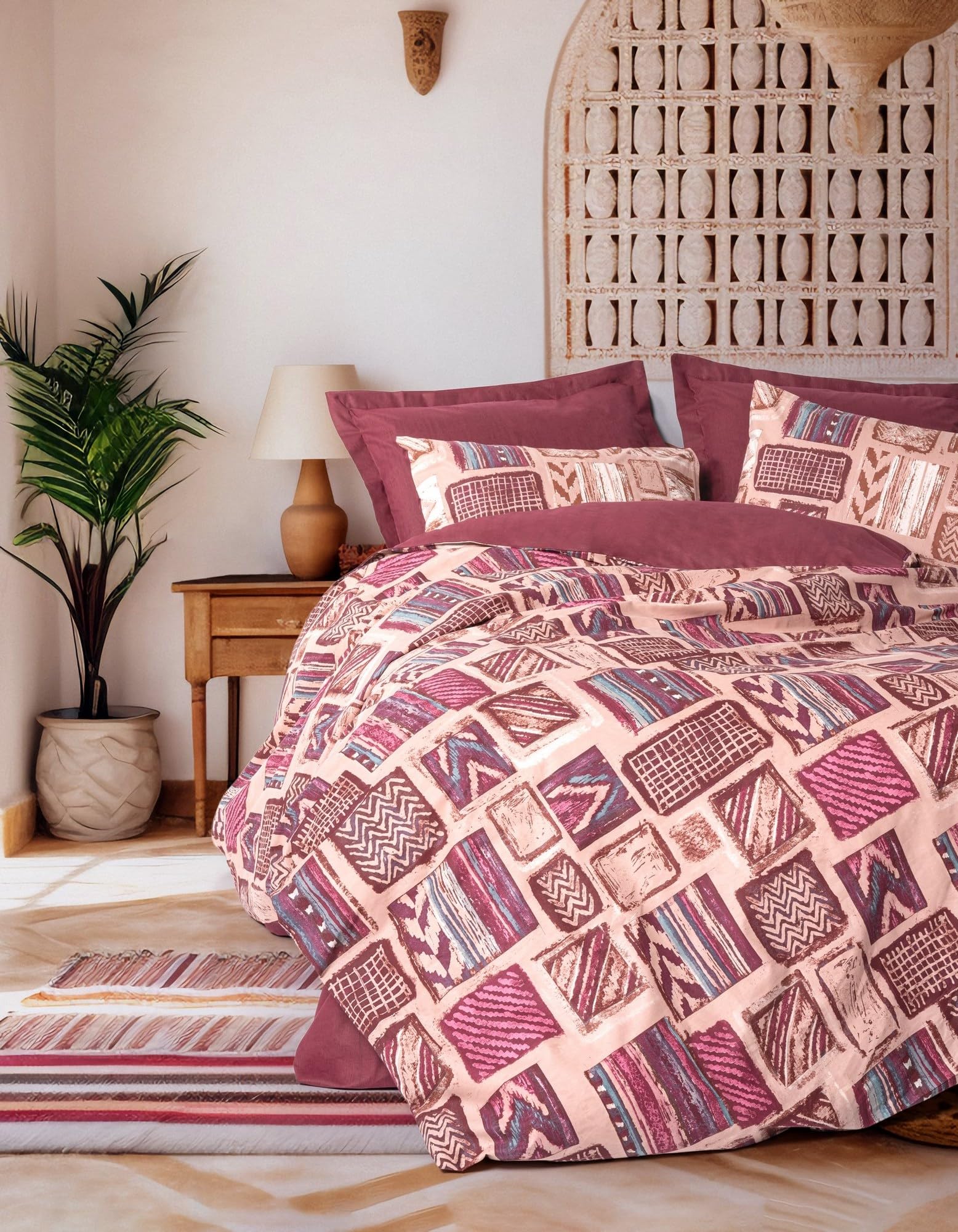 Nuit Des Rêves Claret Red Ranforce Double Quilt Cover Set (200 x 200 cm), 100% Cotton, 2 Pillowcases (80 x 80 cm), Pigment Printing, Machine Washable, Button Closure