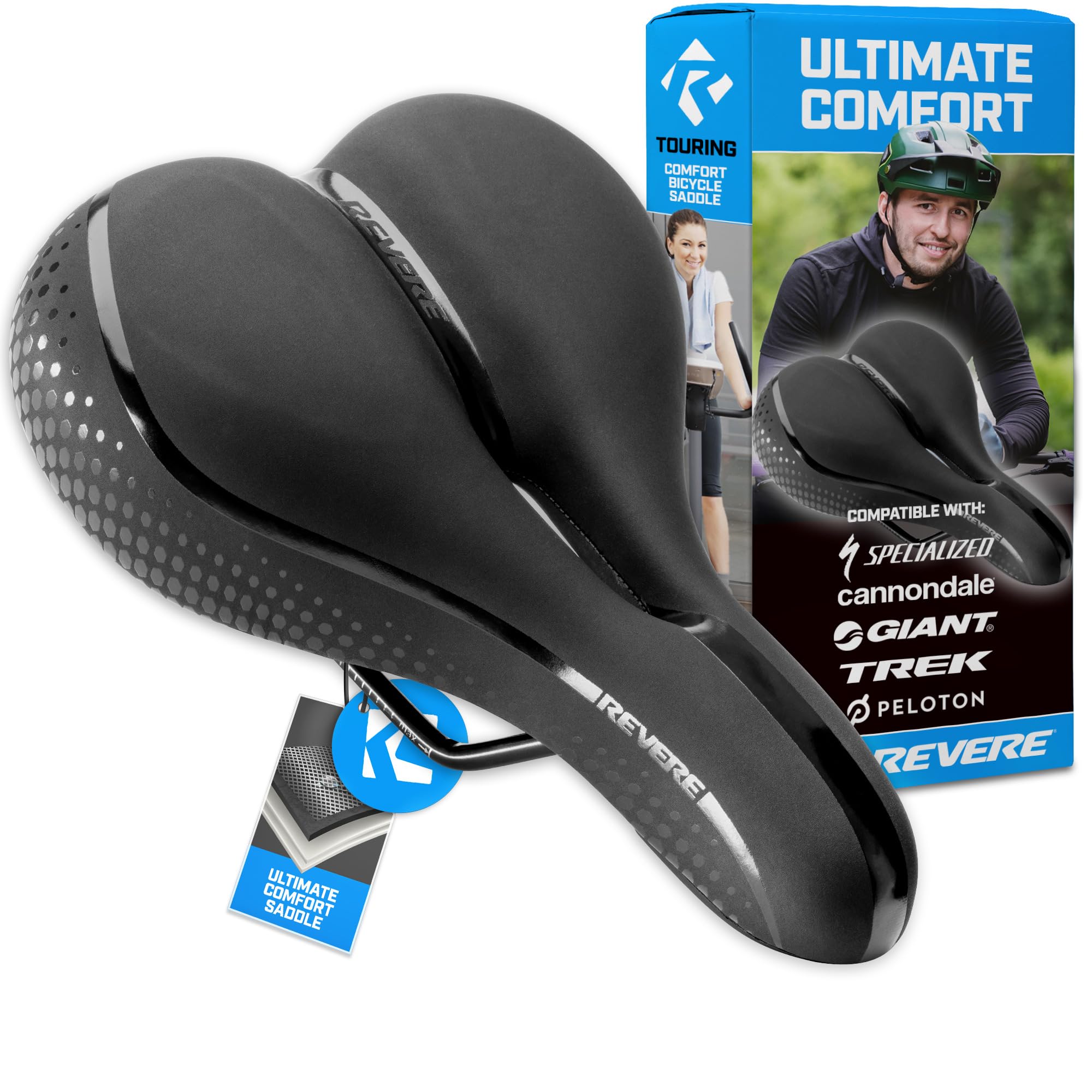Revere Bike Seat Performance Memory Foam, Anti Vibration Suspension Bicycle Seat for Men and Women, Waterproof Bike Saddle for Road, Commuter, MTB,